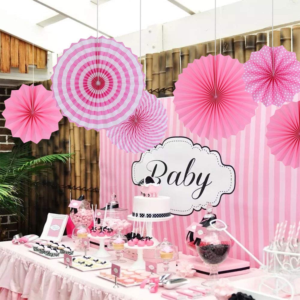 Skylofts Pink and Silver Paper Fans for Decoration (Pack of 6) for Baby Shower, Photo Booth, Backdrop, Birthday Party Decoration