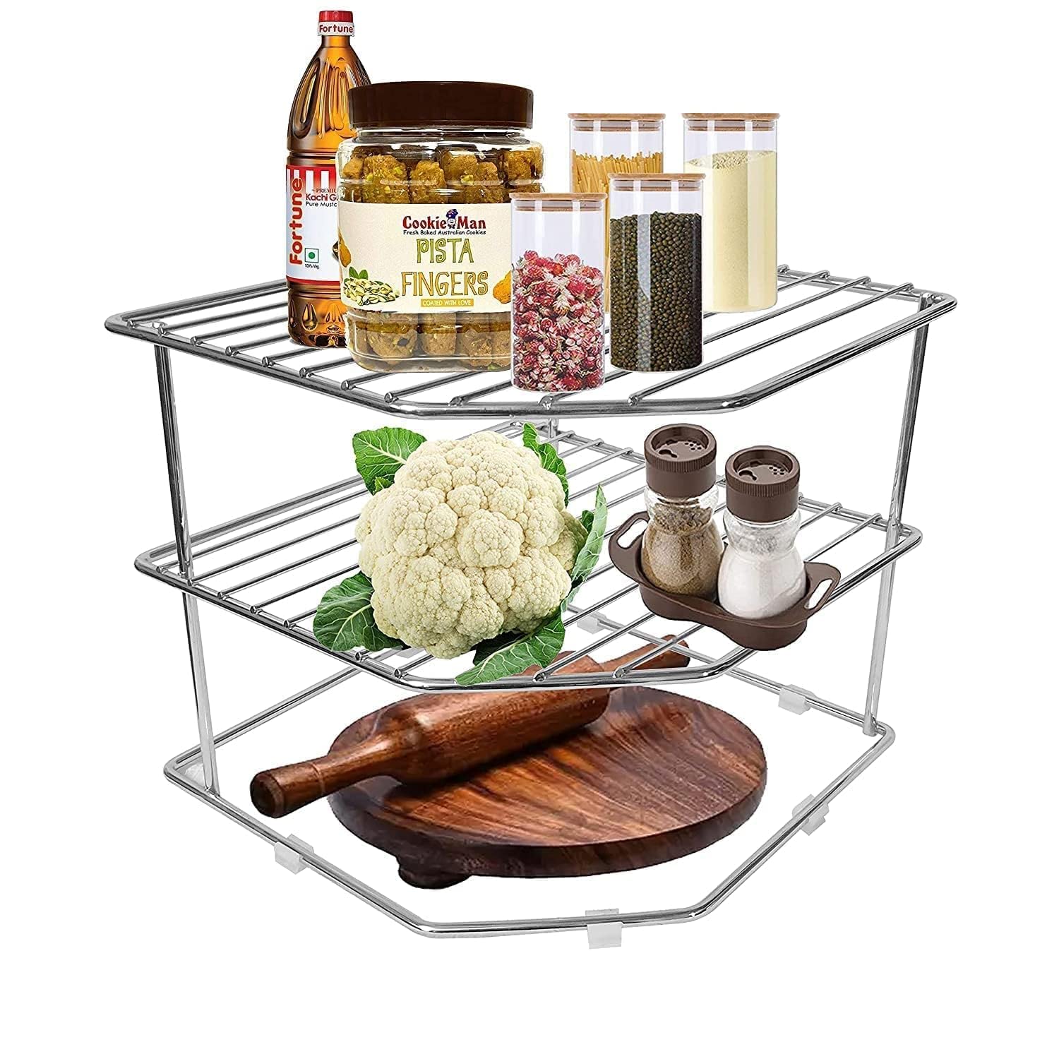 Techsrmaji Steel 3-Tier Kitchen Rack, Corner Rack For Kitchen, Storage Rack, Dish Rack, Chakla Belan Rack And Organizer, Counter