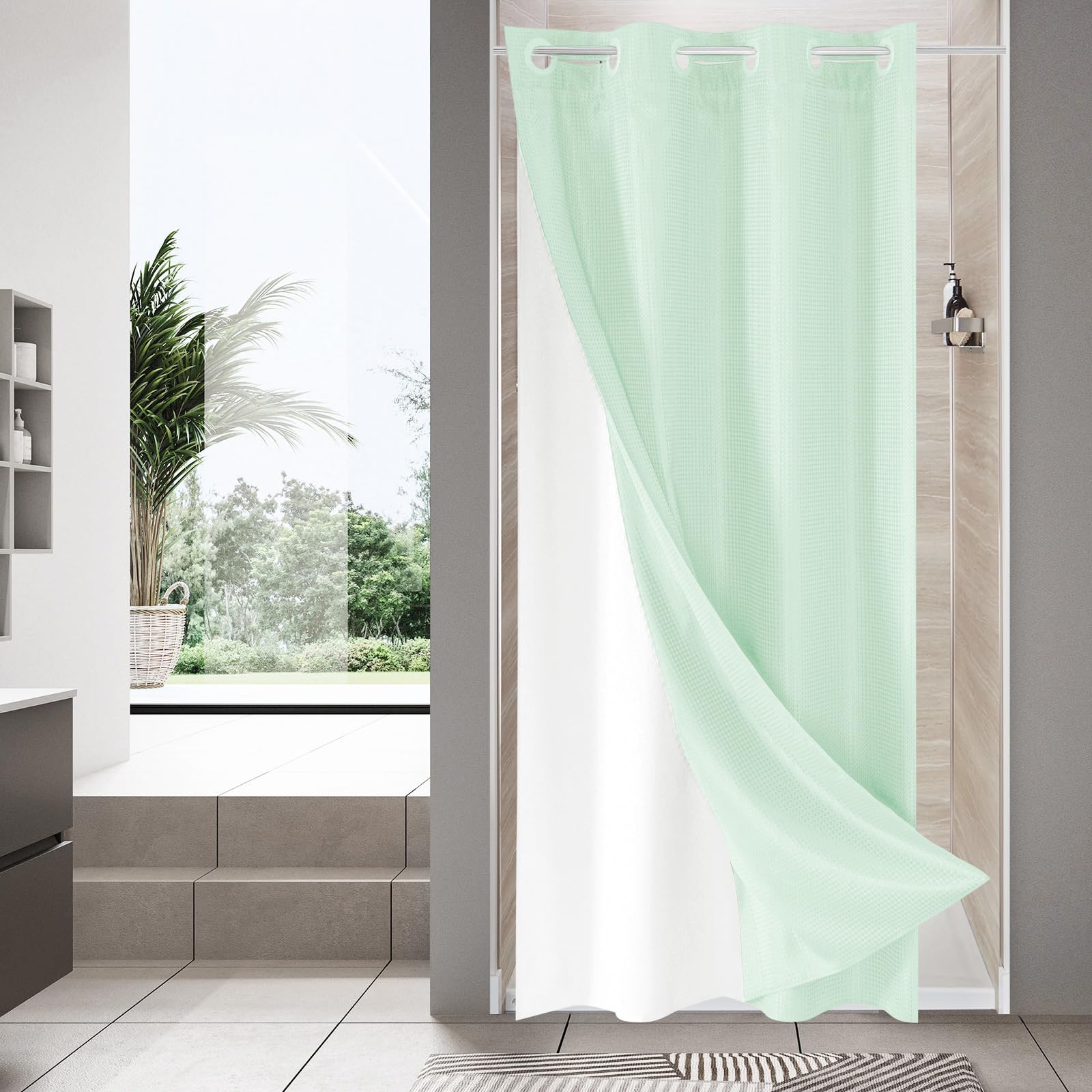 Mitovilla Green Waffle Small Stall Shower Curtain 36 X 74, No Hooks Required Half Size Narrow Fabric Cloth Shower Curtain Set Wi