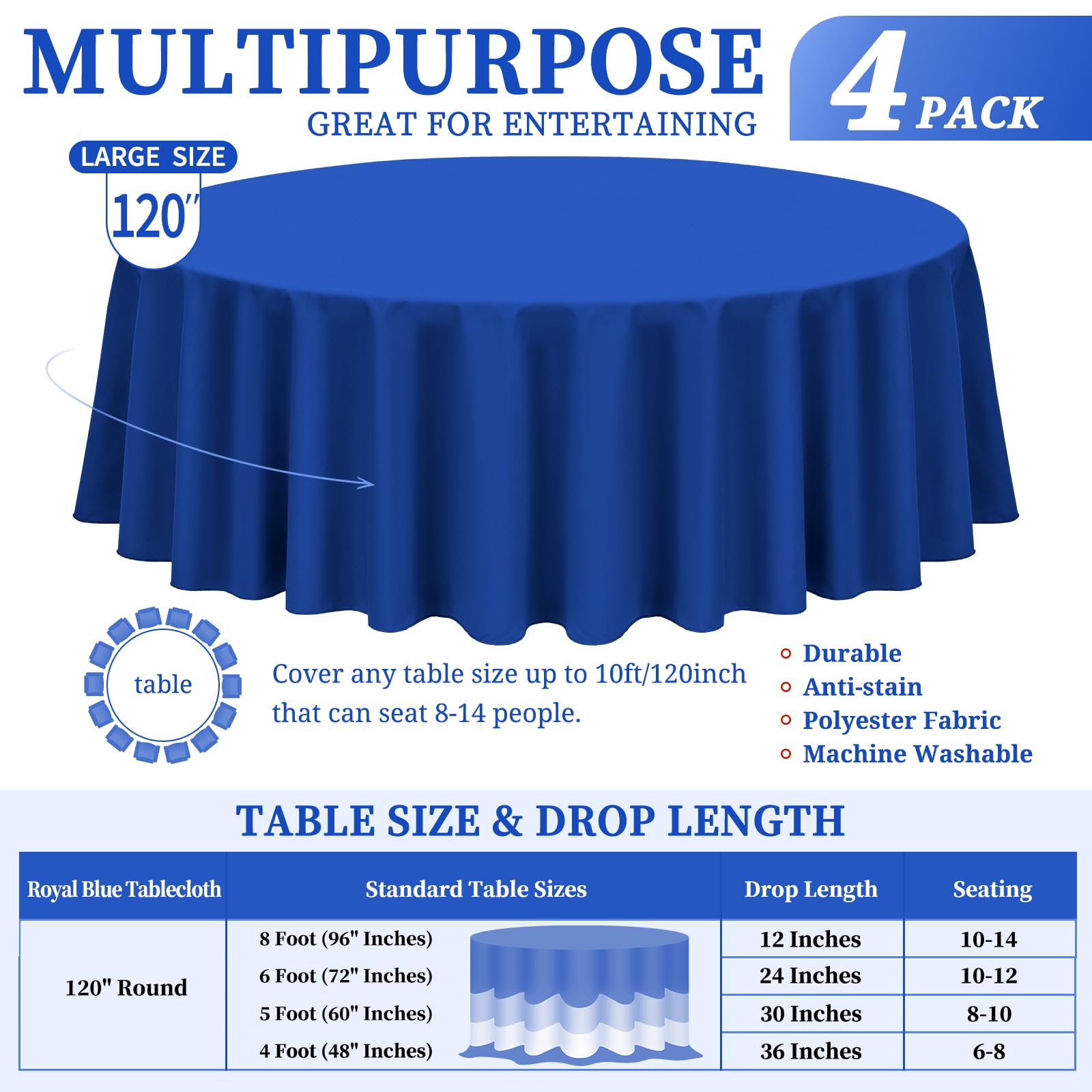 Showgeous 4 Pack Royal Blue Round Tablecloth 120 Inch Polyester Round Table Cloth Royal Blue Tablecloths For Round Tables Washab