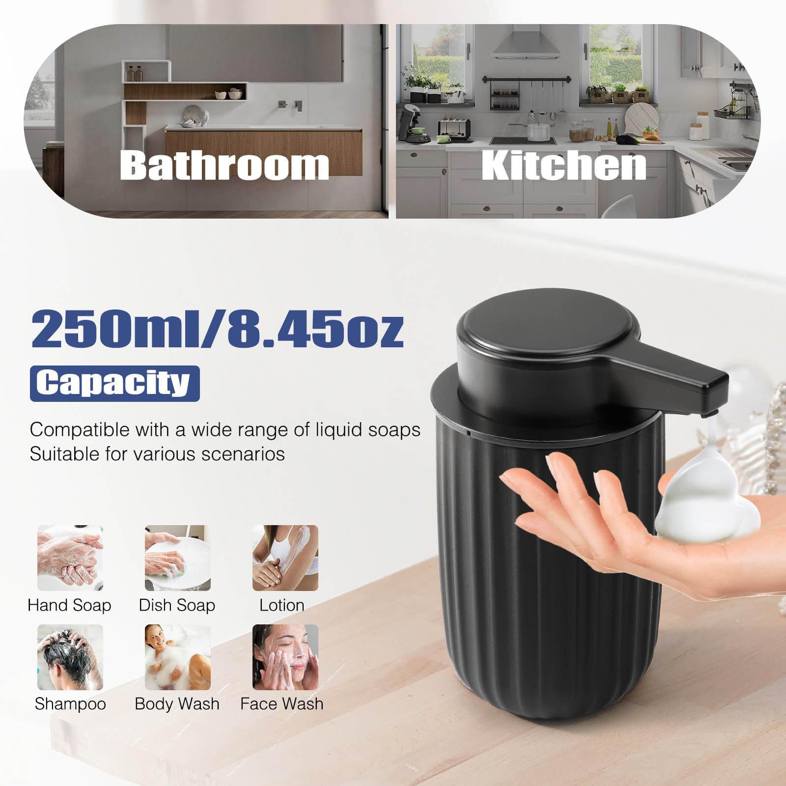 Automatic Soap Dispenser Foam For Kitchen: 9 Oz Touchless Plastic Black Modern Auto Foaming Soap Dispenser For Bathroom - Hand D