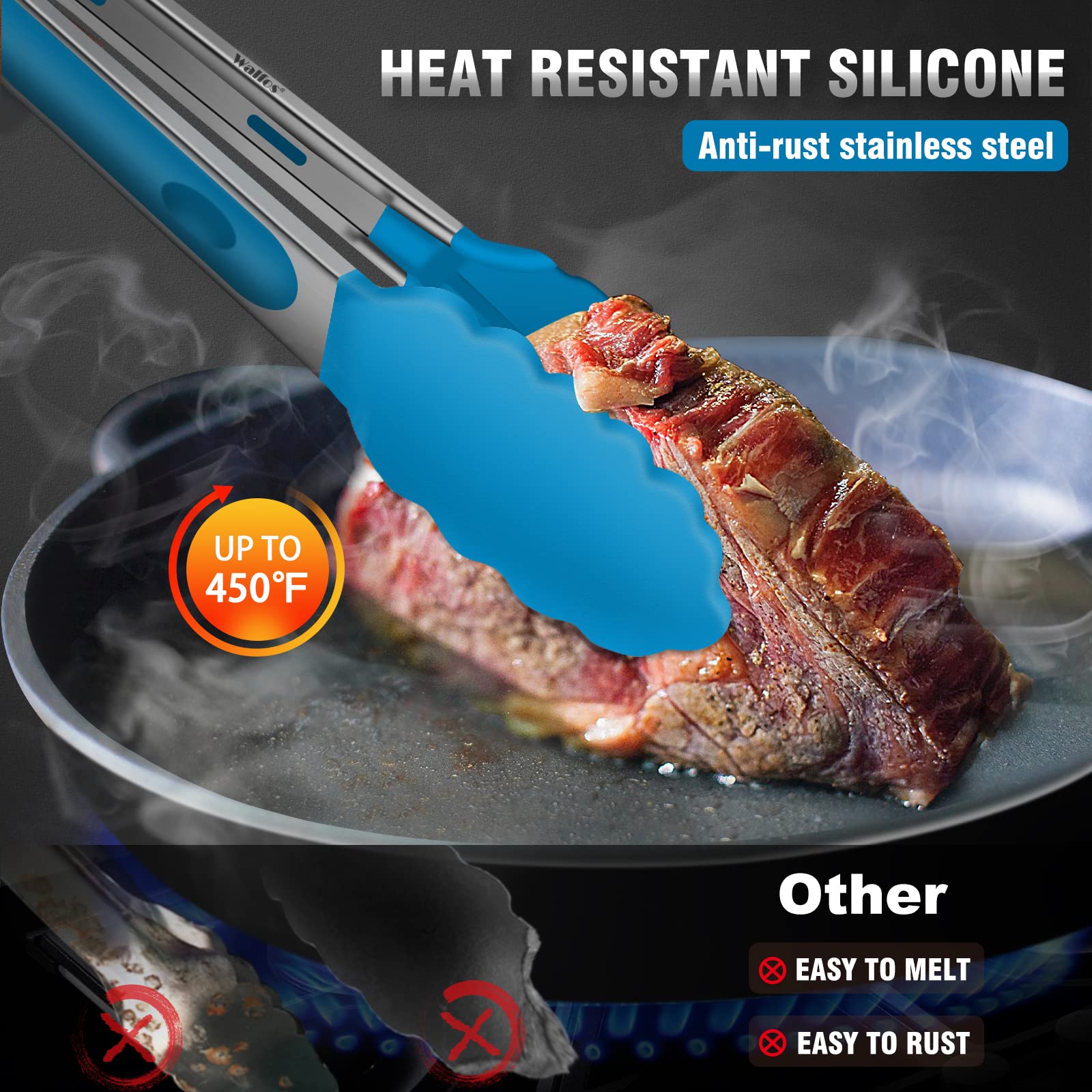 Walfos Kitchen Tongs - 7'' 9'' And 12'' Heat Resistant Food Tongs, Thickened Stainless Steel And Bpa Free Silicone Tips, Great F