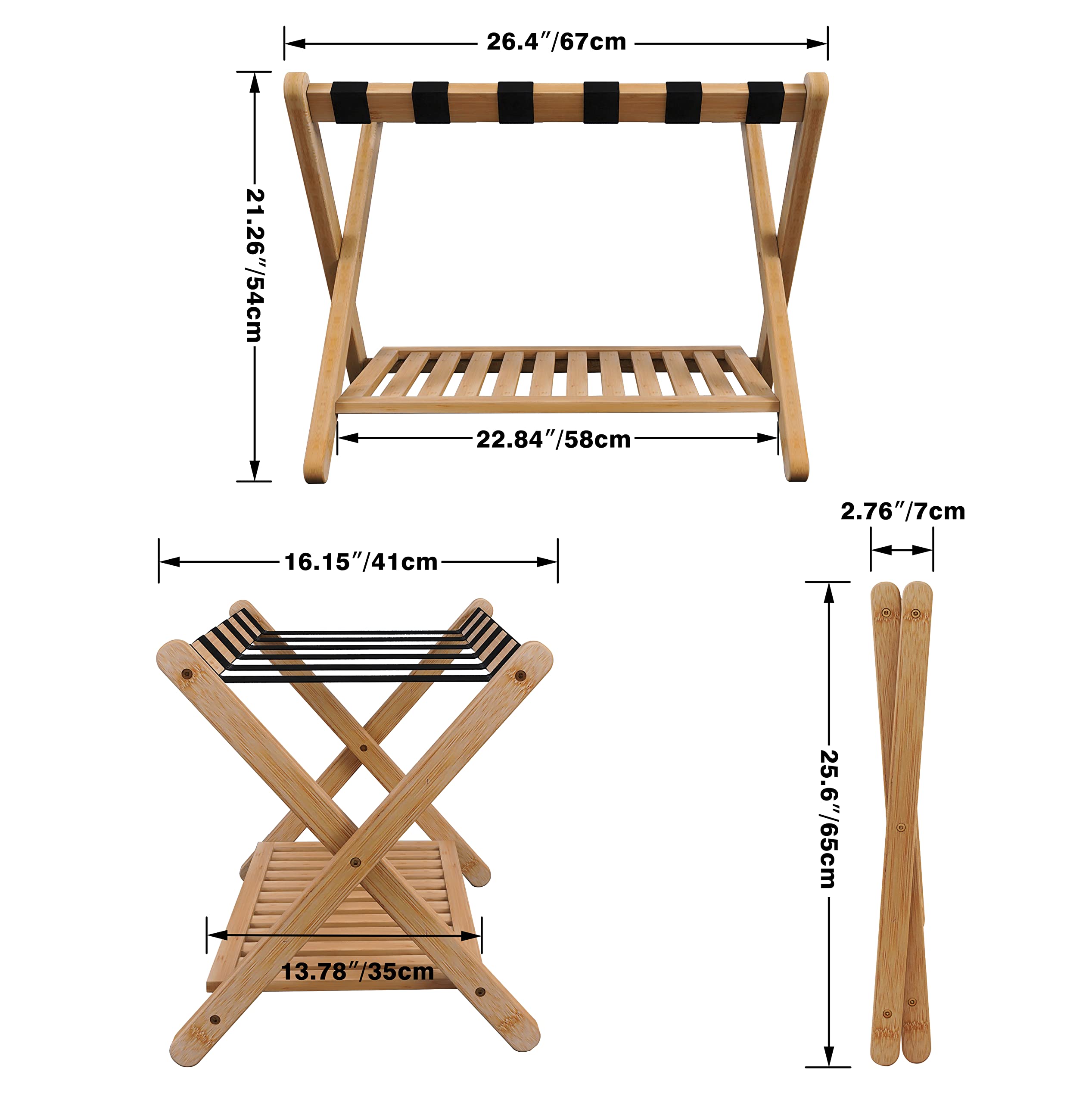 Smibuy Luggage Rack, Set Of 2, Foldable Bamboo Suitcase Stand With Storage Shelf For Guest Room, Bedroom, Hotel, Heavy-Duty (Nat