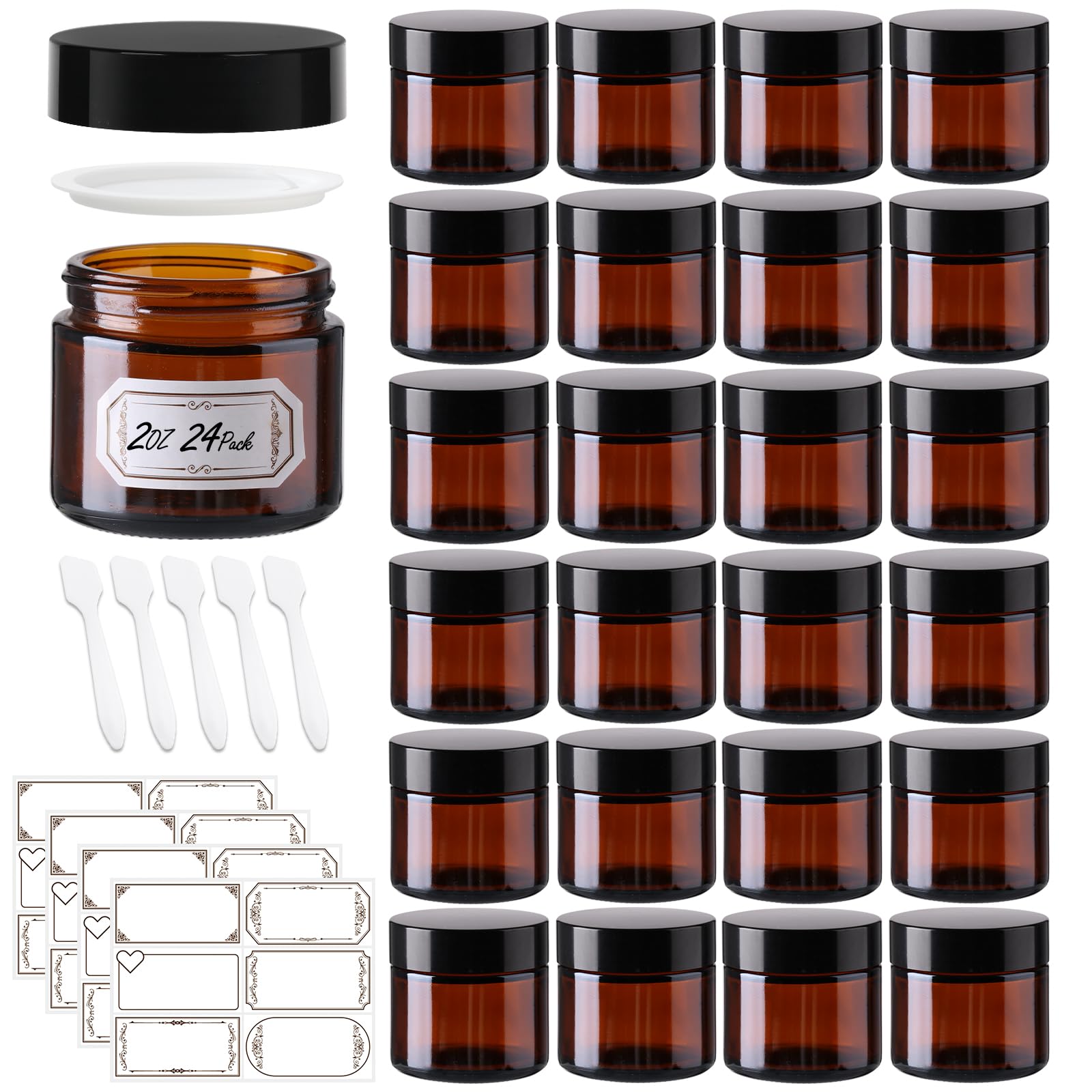 15 Pack 1 Oz Glass Jars With Lids, Amber Cosmetic Jars With Inner Liners And Black Lids, Lotion Jars, Candle Making Jars For Lot