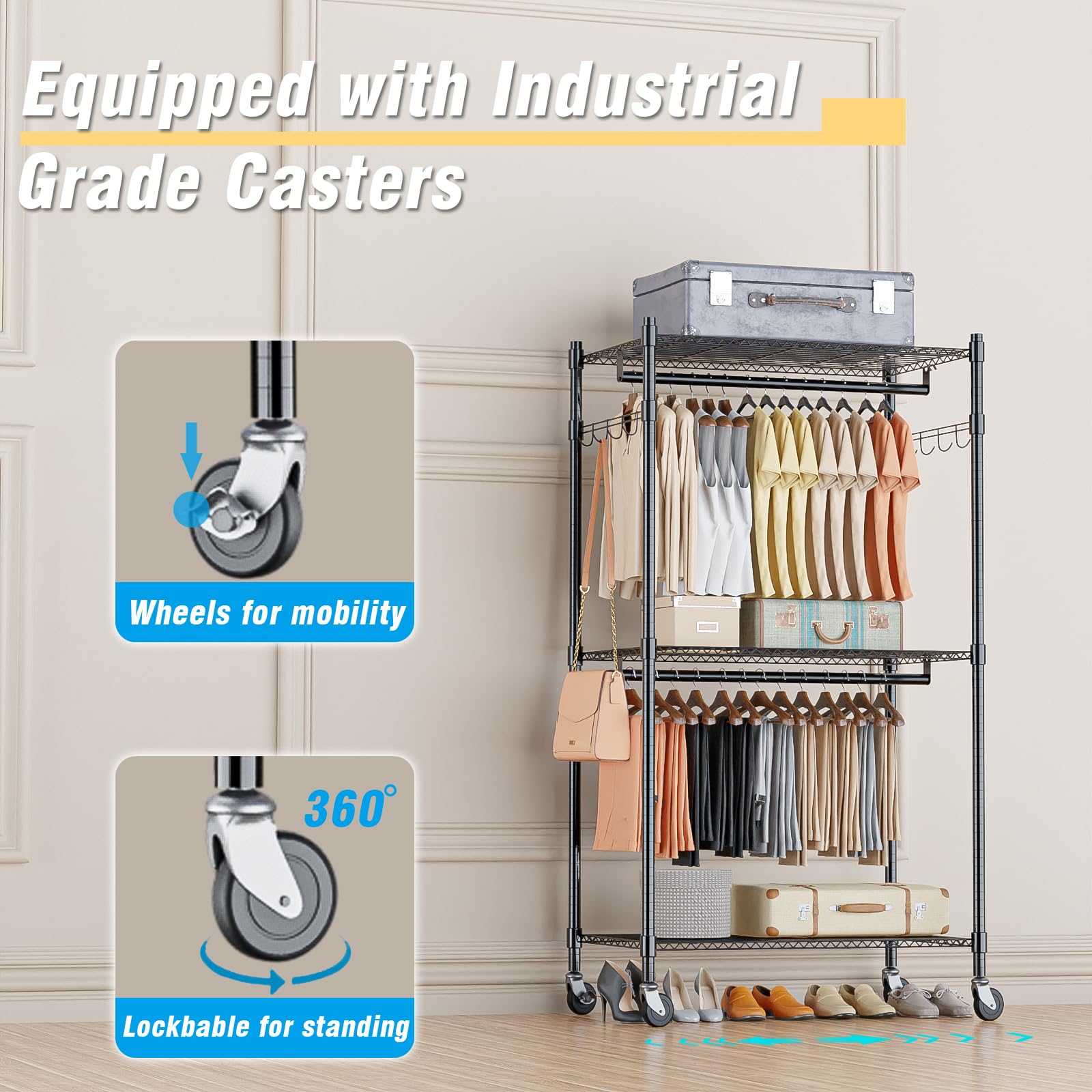 Homdox Heavy Duty Clothing Rack With 3 Tier Adjustable Wire Shelves, Garment Racks For Hanging Clothes, Double Rods Clothing Rac