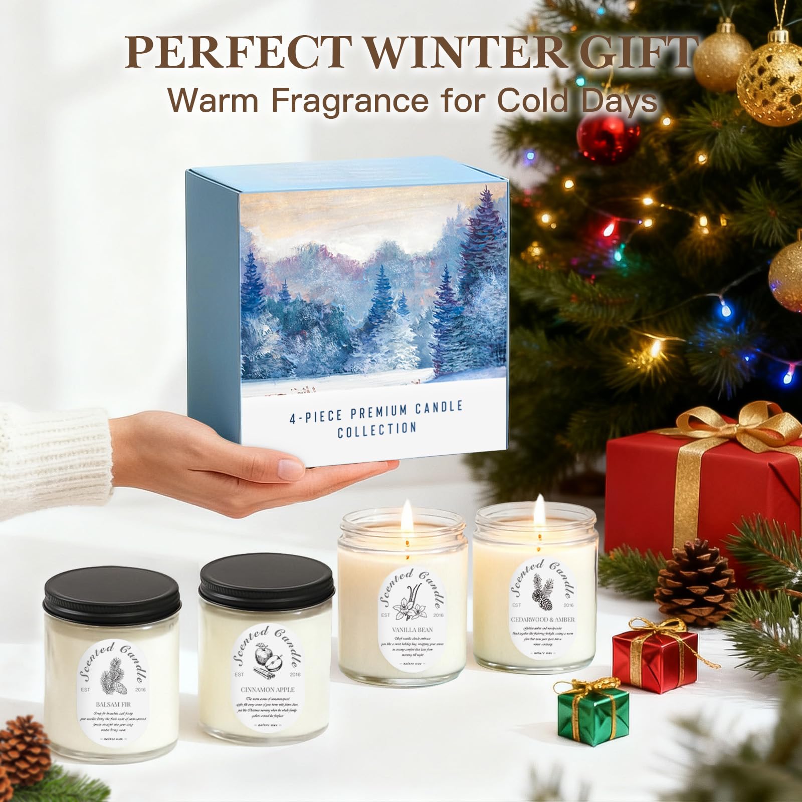Winter Candle Gift Set, 4 Pack 28oz Soy Wax Scented Candles for Home - Cinnamon Apple, Balsam Fir, Vanilla Bean, Cedarwood & Amb