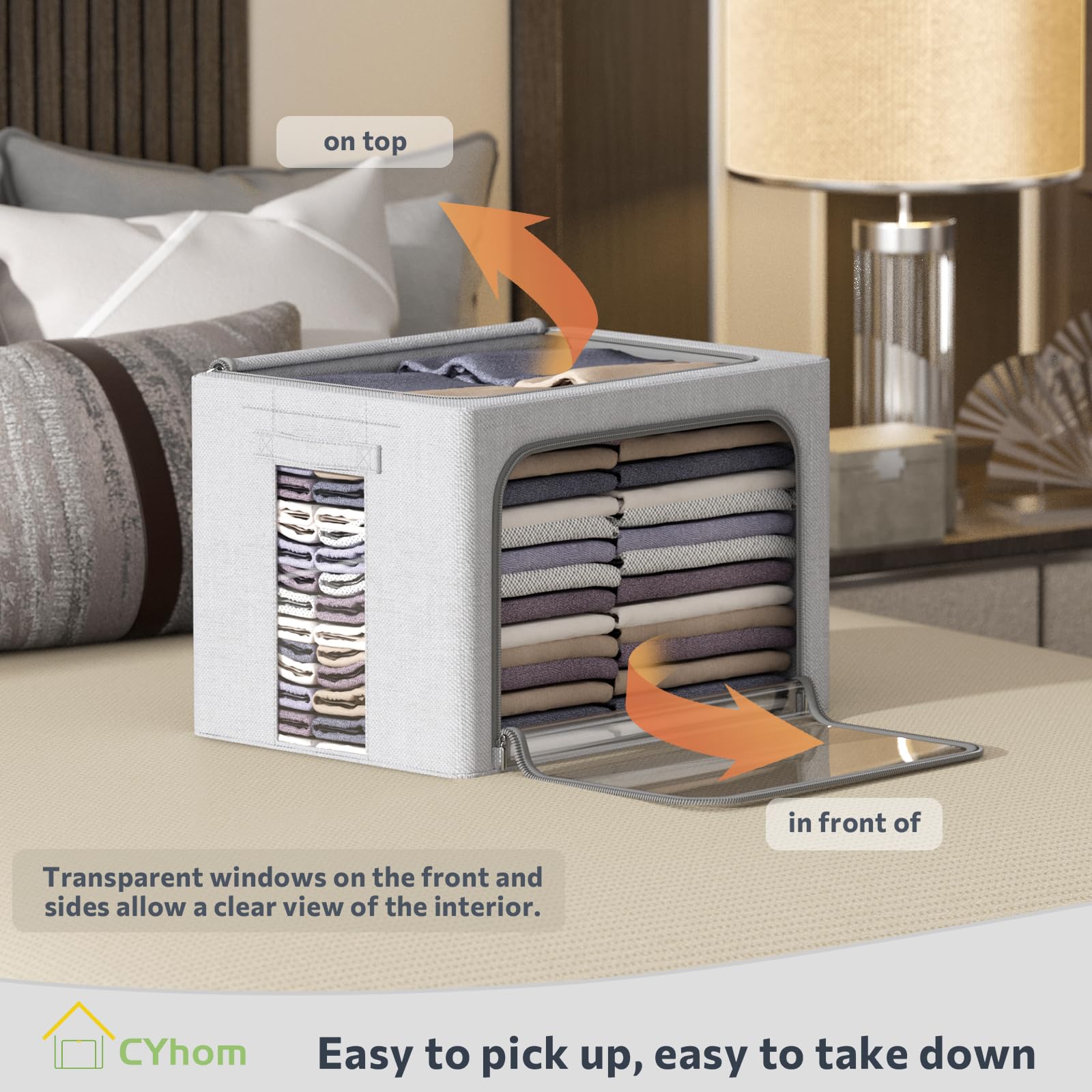 2Pack Extra Large Clothes Storage Bins Box - Linen Fabric Foldable Stackable Container Organizer Set with Clear Window & Carry H