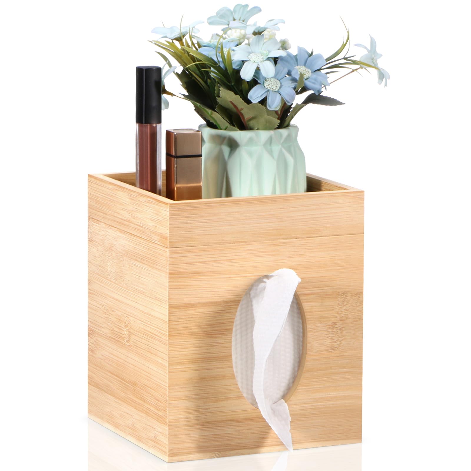 Tissue Box Cover, Bamboo Tissue Box Cover With Storage Tray Square Tissue Box Covers Holder For Bathroom, Bedroom, Dinner Table,