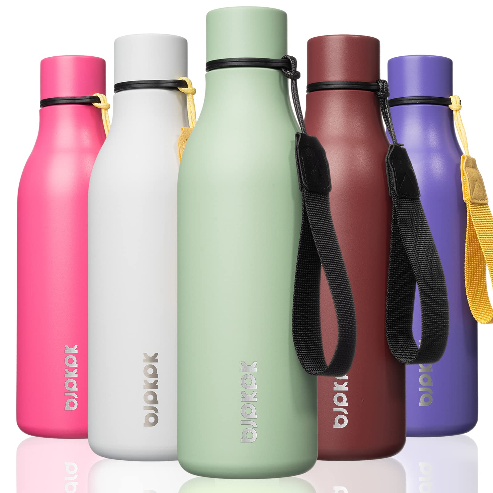 BJPKPK Insulated Water Bottles, 18 oz Stainless Steel Metal Water Bottle with Strap, BPA Free Leak Proof Jugs, Mugs, Flasks, Reu