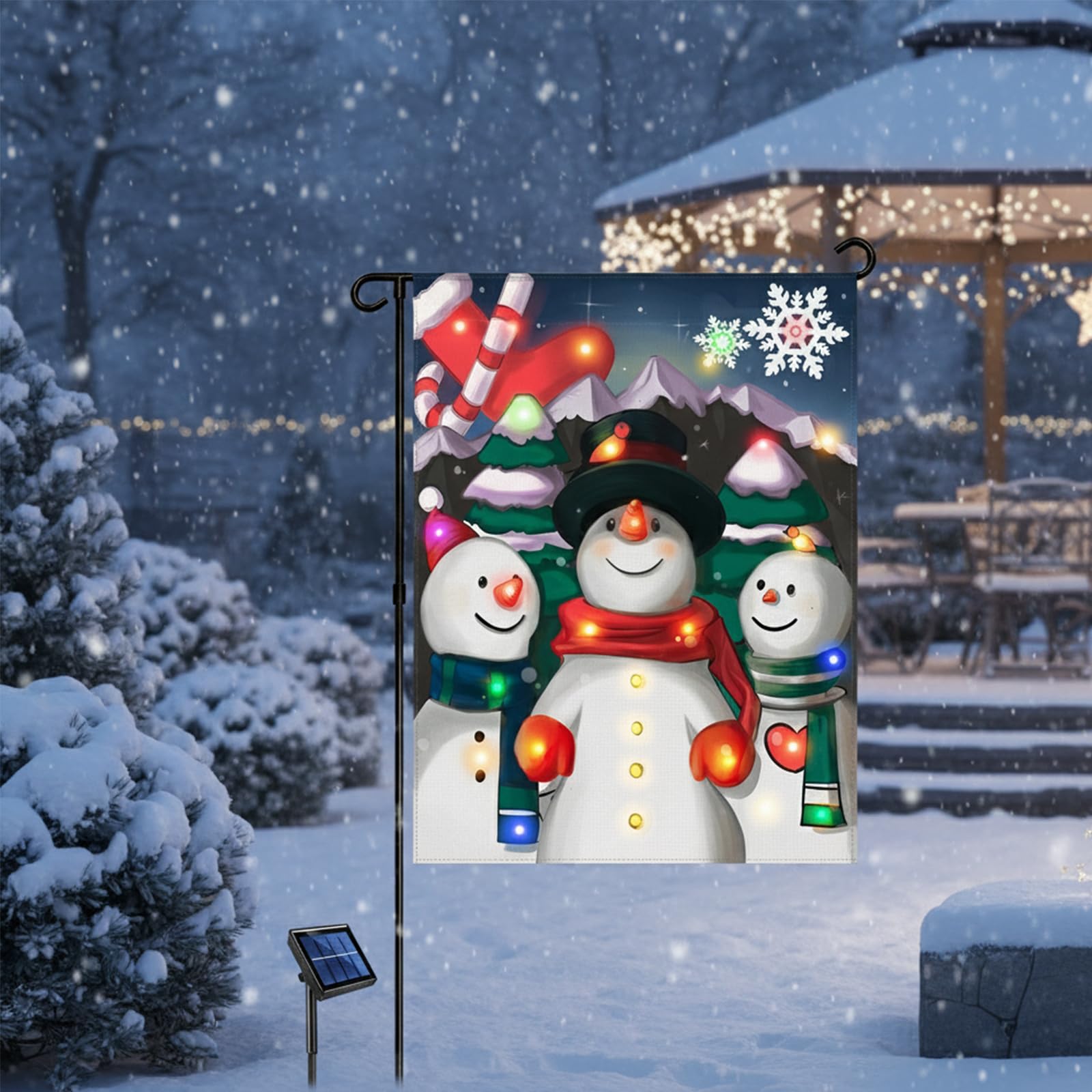 Candieslife Lighted Christmas Garden Flag, Solar LED Snowman Choir, 12x18 Double Sided Winter Decor, 8 Lighting Modes