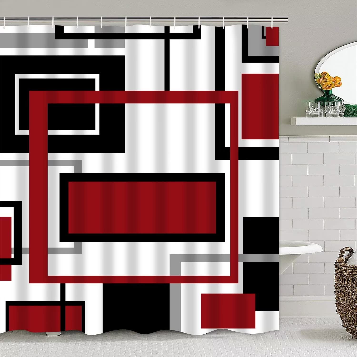 Yddsky 4 Pcs Red Geometric Shower Curtain Sets Non-Slip Rugs Bath Mat, Toilet Cover, U-Shaped Mat, Abstract Geometric Modern Sho