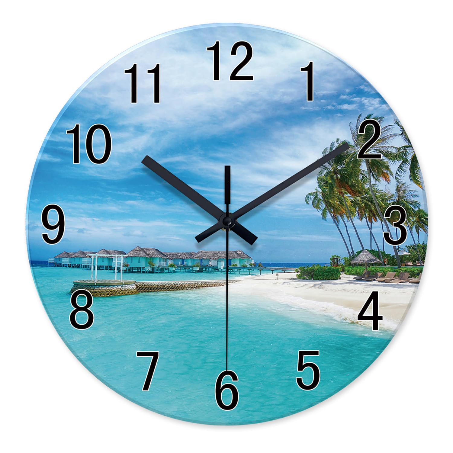 Xfm Palm Blue Beach Wall Clock 14 Inch - Decorative Wall Clock Battery Operated - Glass Bathroom Wall Clock Silent Non-Ticking