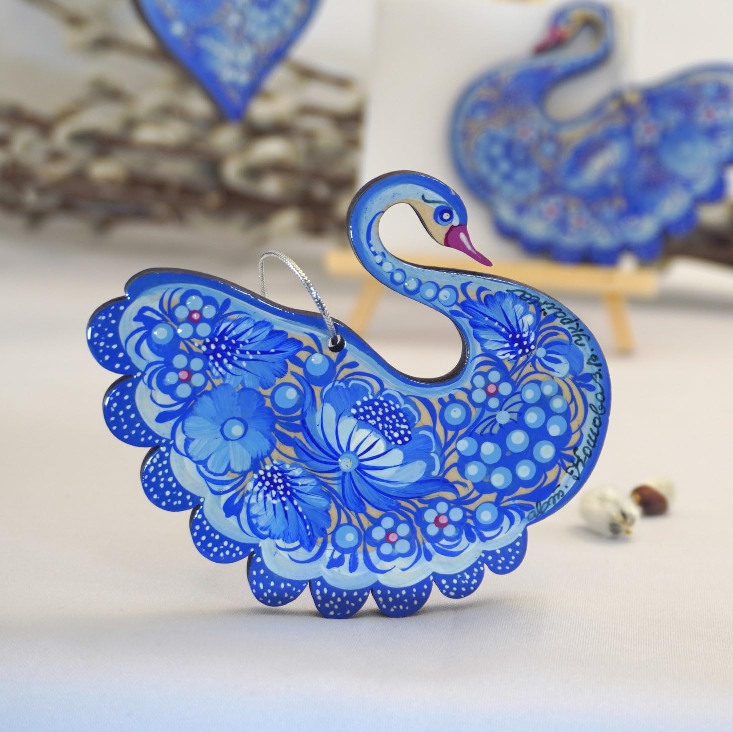Christmas Swan Ornament Wooden Hand-Painted Ukrainian Petrykivka Folk Art Traditional Craft