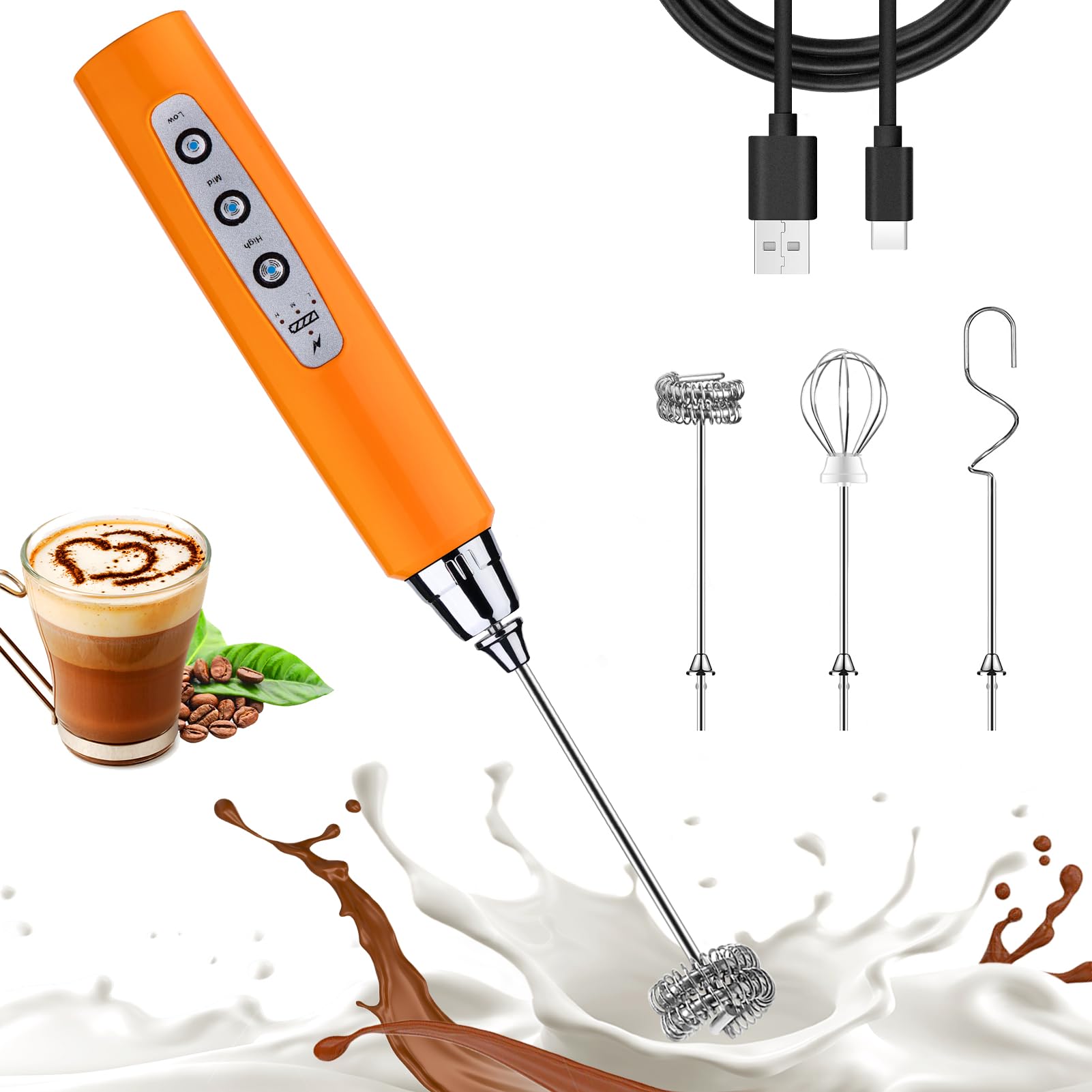 Nahida Orange Milk Frother Wand For Coffee, Frother Handheld Rechargeable Electric Whisk With 3 Heads 3 Speeds Drink Mixer Coffe