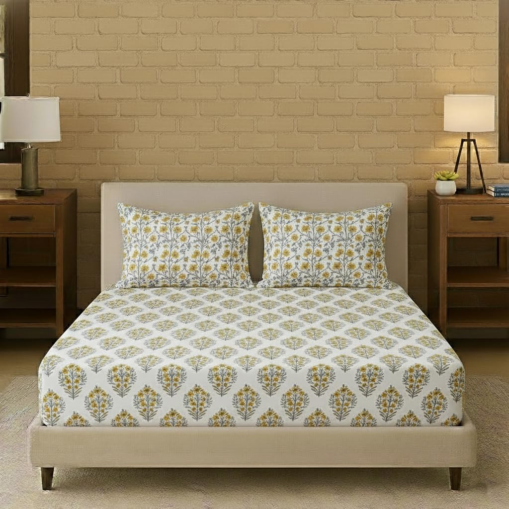 Trance Home Linen 180 Tc 100% Cotton 72X48 Twin Bed Size Elastic Fitted Bedsheet | Printed Twin Size Bed Elasticated Fitted Beds