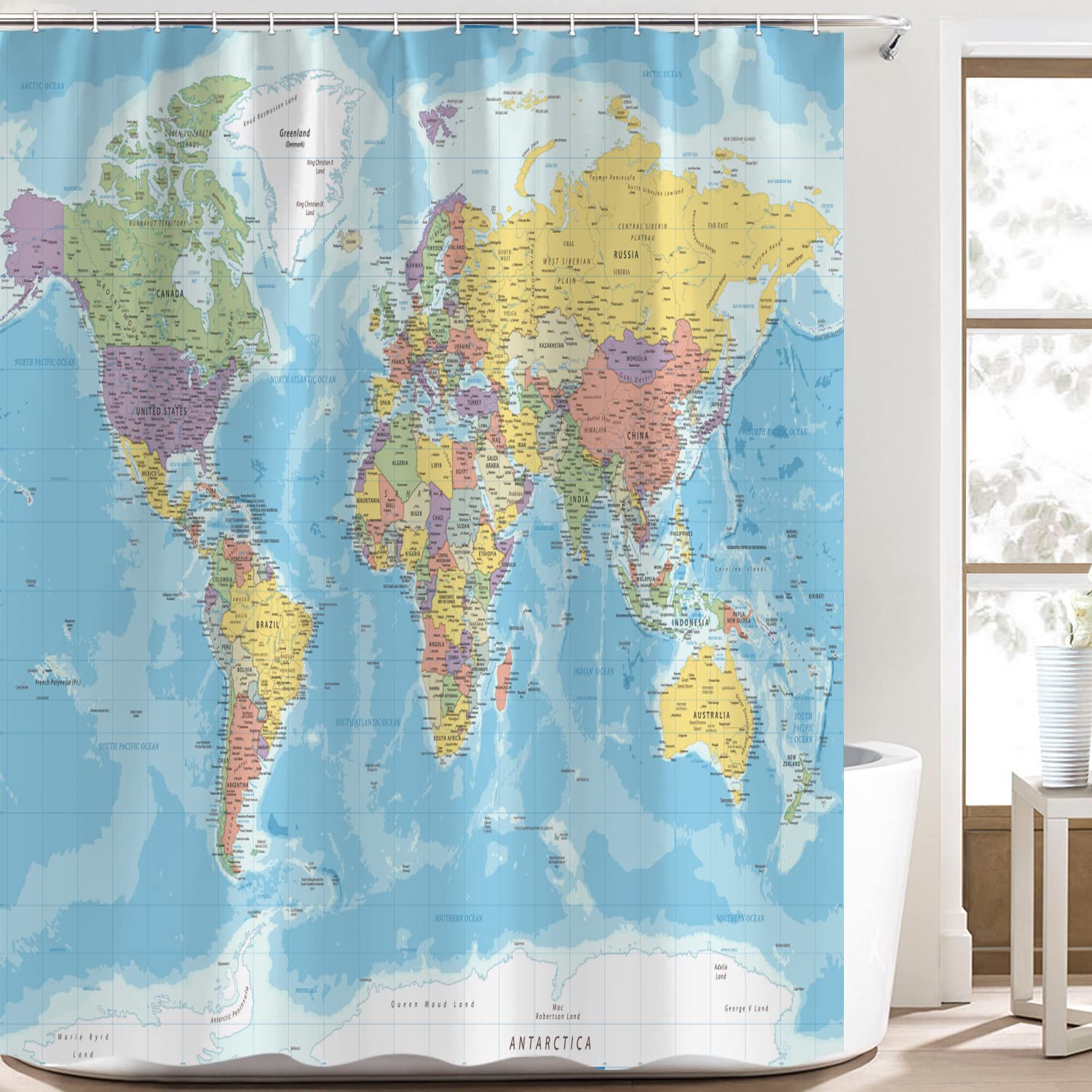 Tomoz World Map Shower Curtain, Countries And Cities Shower Curtains, Geography Educational Fabric Bathroom Shower Curtain With