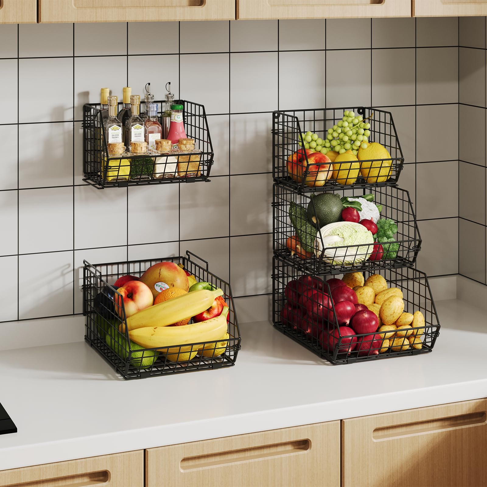 2 Tier Stackable Wire Basket-Kitchen Counter, Pantry Organization And Storage - Cabinet, Countertop Space Saving Organizing - Pr