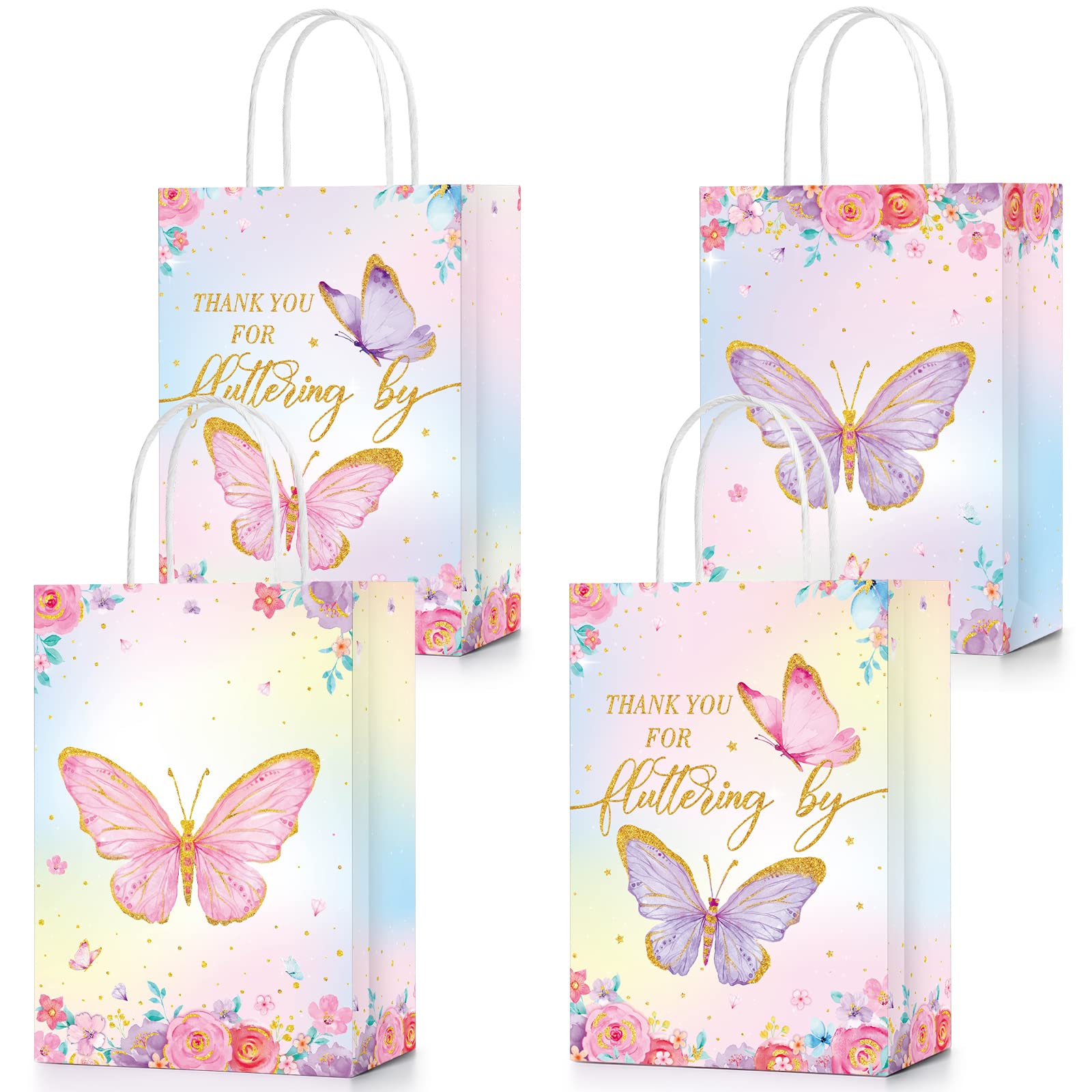 24 Pcs Butterfly Party Favors Gift Bags Goodie Treat Candy Bags Thank You For Fluttering By Paper Bags With Handles For Girls Bu