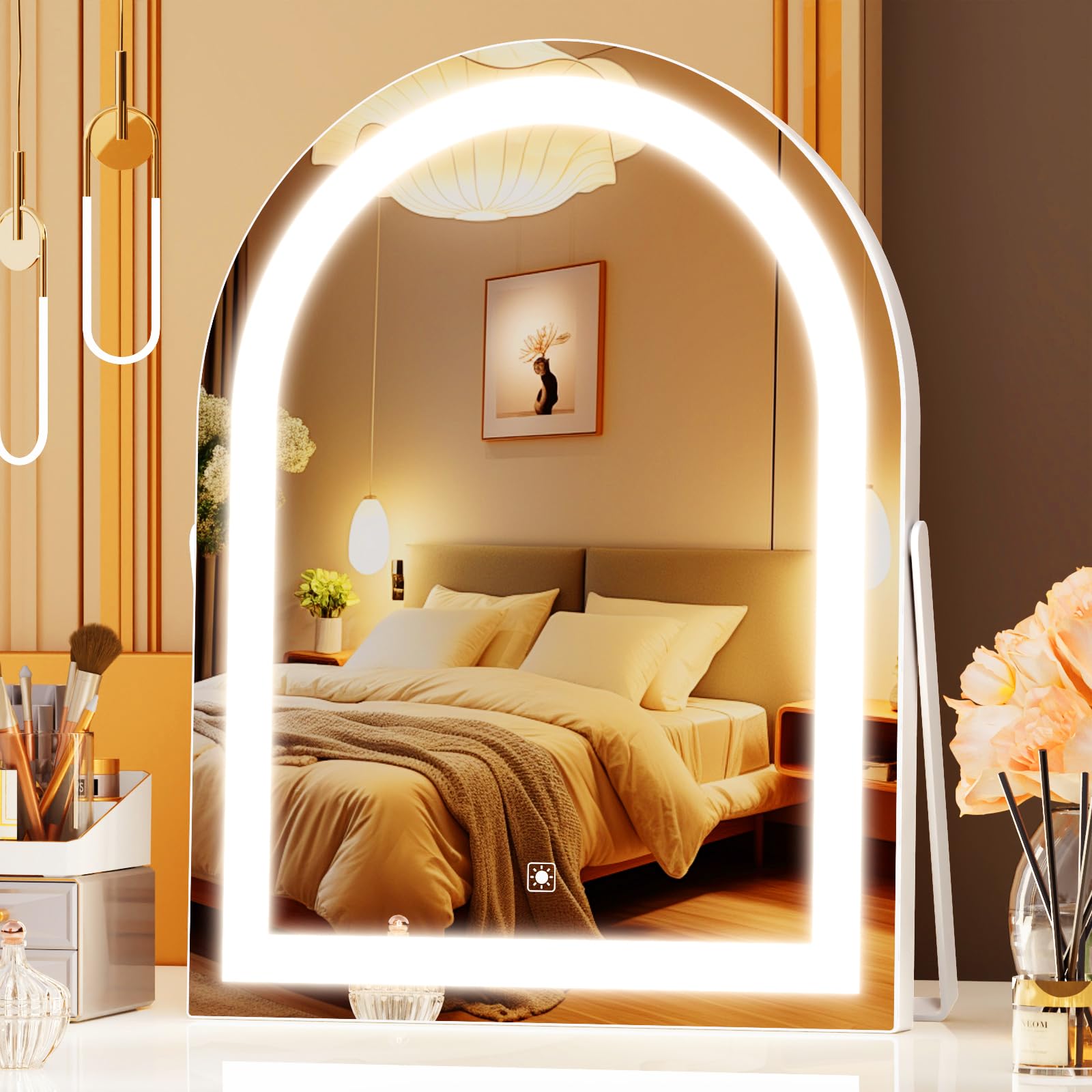 Gvnkvn Vanity Mirror with Lights, 16 Light Up Makeup Mirror, LED Makeup Mirror with Lights for Bedroom Tabletop, Smart Touch Con