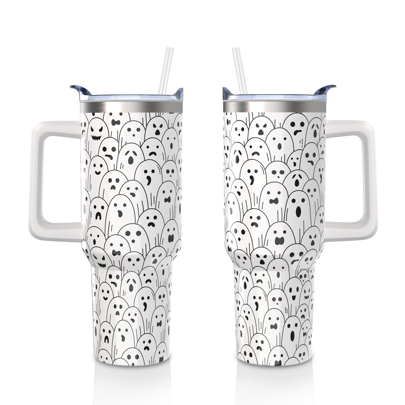 Aokoyi Halloween Ghost 40 Oz Tumbler With Handle and Straw, Funny Ghosts Icons Stainless Steel Insulated Cup, Spooky Holiday Gif