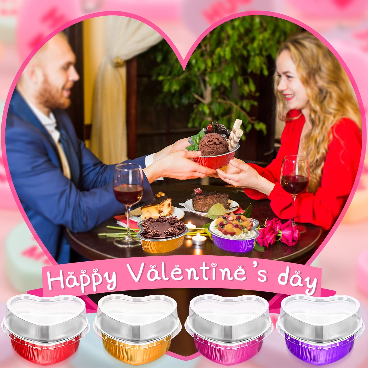 Ffniu Heart Shaped Aluminum Pans, 40 Packs Aluminum Heart Cake Pans With Lids For Baking, 3.4 Ounces/ 100 Ml Cupcake Cup Pan Bak