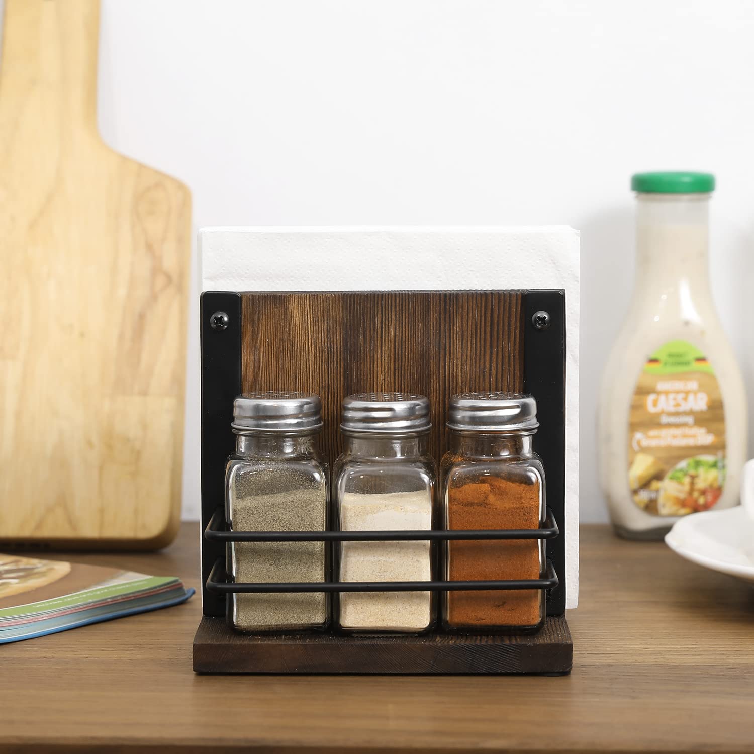 Mygift Rustic Burnt Solid Wood Napkin Holder And Salt & Pepper Caddy, 4 Piece Set Dining Tabletop Napkin Dispenser With Condimen