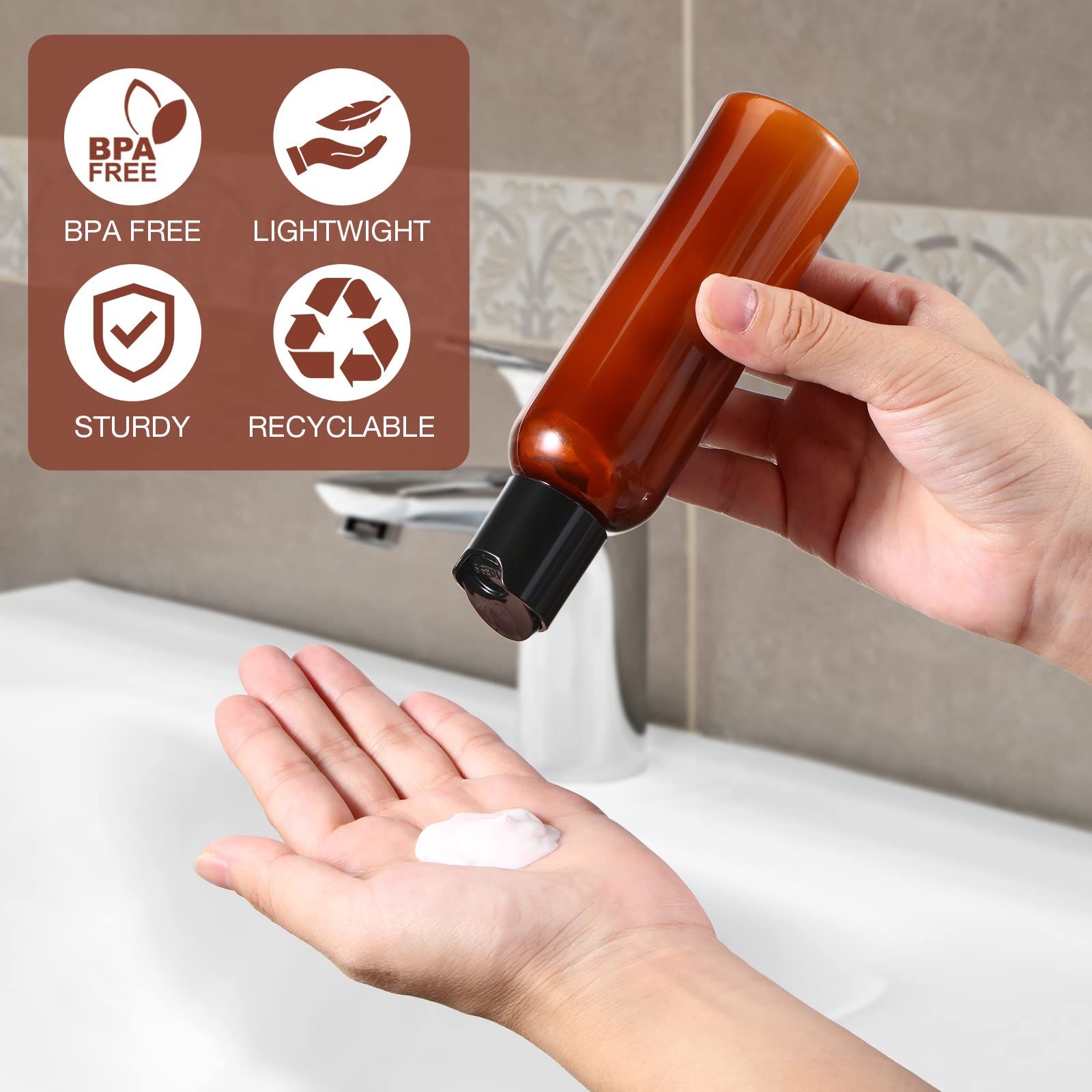 50 Pieces 4Oz Plastic Squeeze Bottles With Disc Top Flip Cap Empty Amber Refillable Containers Small Travel Toiletry Bottles For