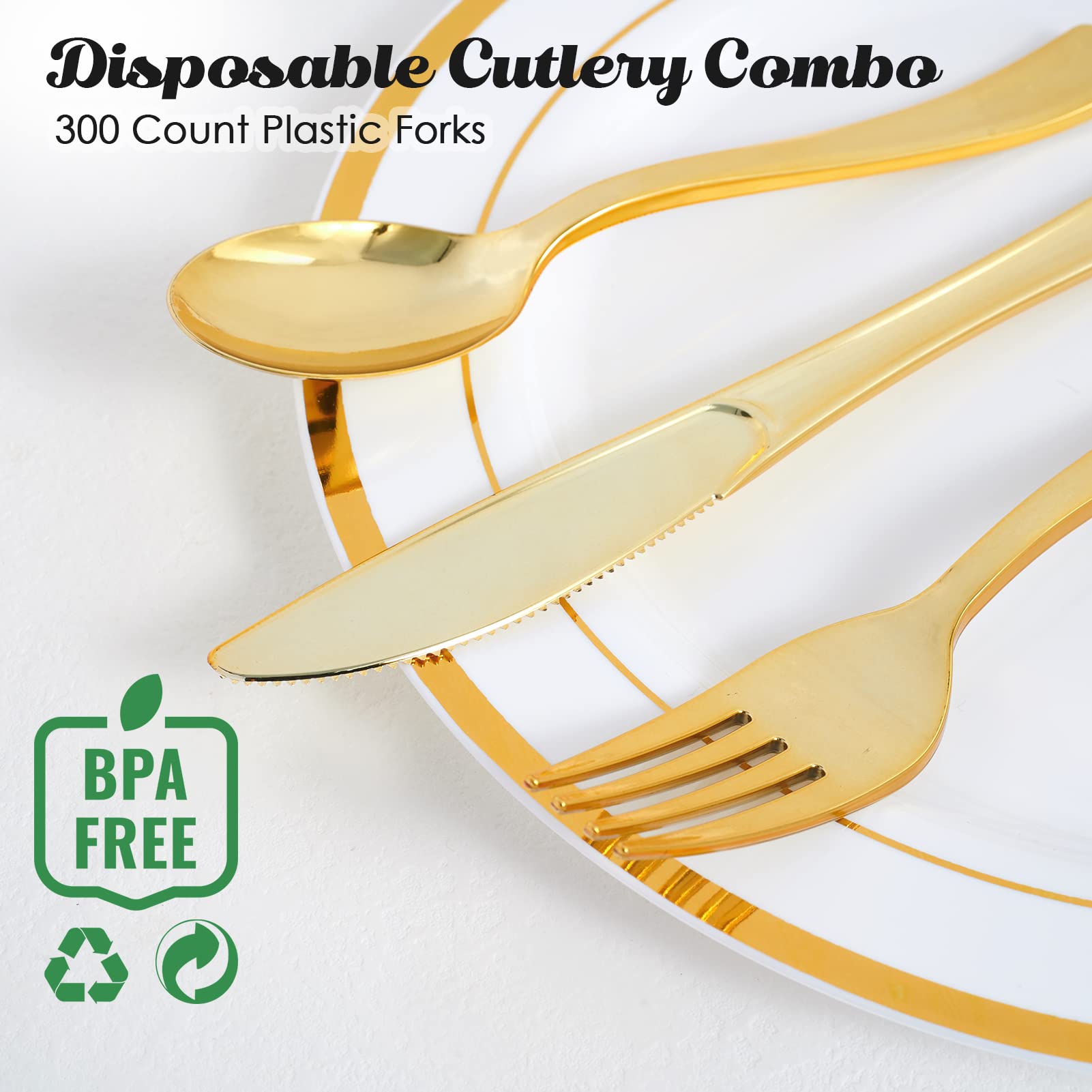 Focusline 300 Pack Disposable Gold Plastic Forks, Solid And Durable Plastic Cutlery Forks, Heavy Duty Disposable Utensil Silverw