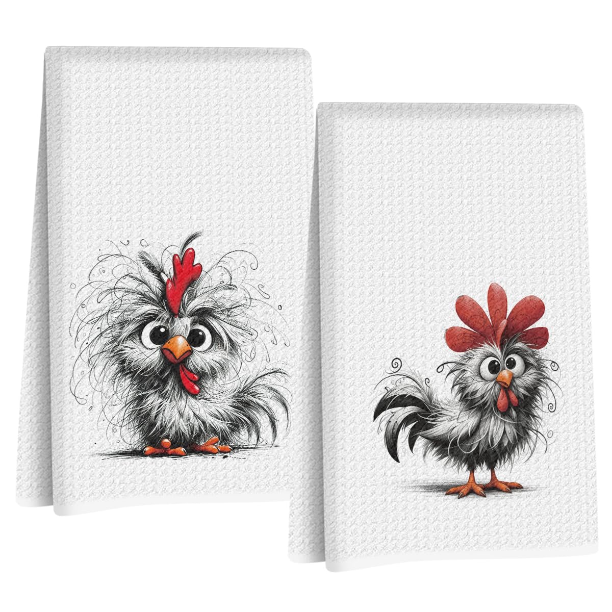 Jztco 2 Pcs Funny Chicken Kitchen Towels 24x14 Inch, Chickens Gifts Absorbent Hand Tea Towel, Waffle Dish Towels for Kitchen Hom