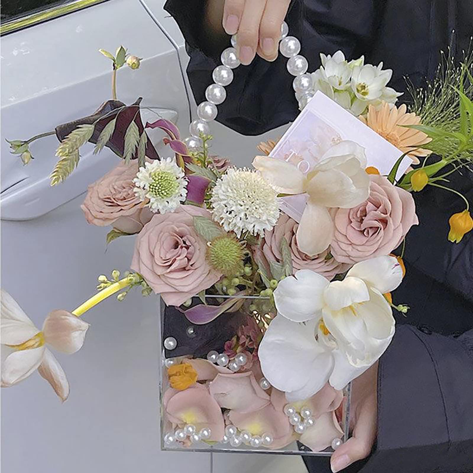 Pahdecor Flower Girl Basket Wedding Basket Petals Basket With Ribbon Acrylic Flower Holder For Confetti (Pearl)
