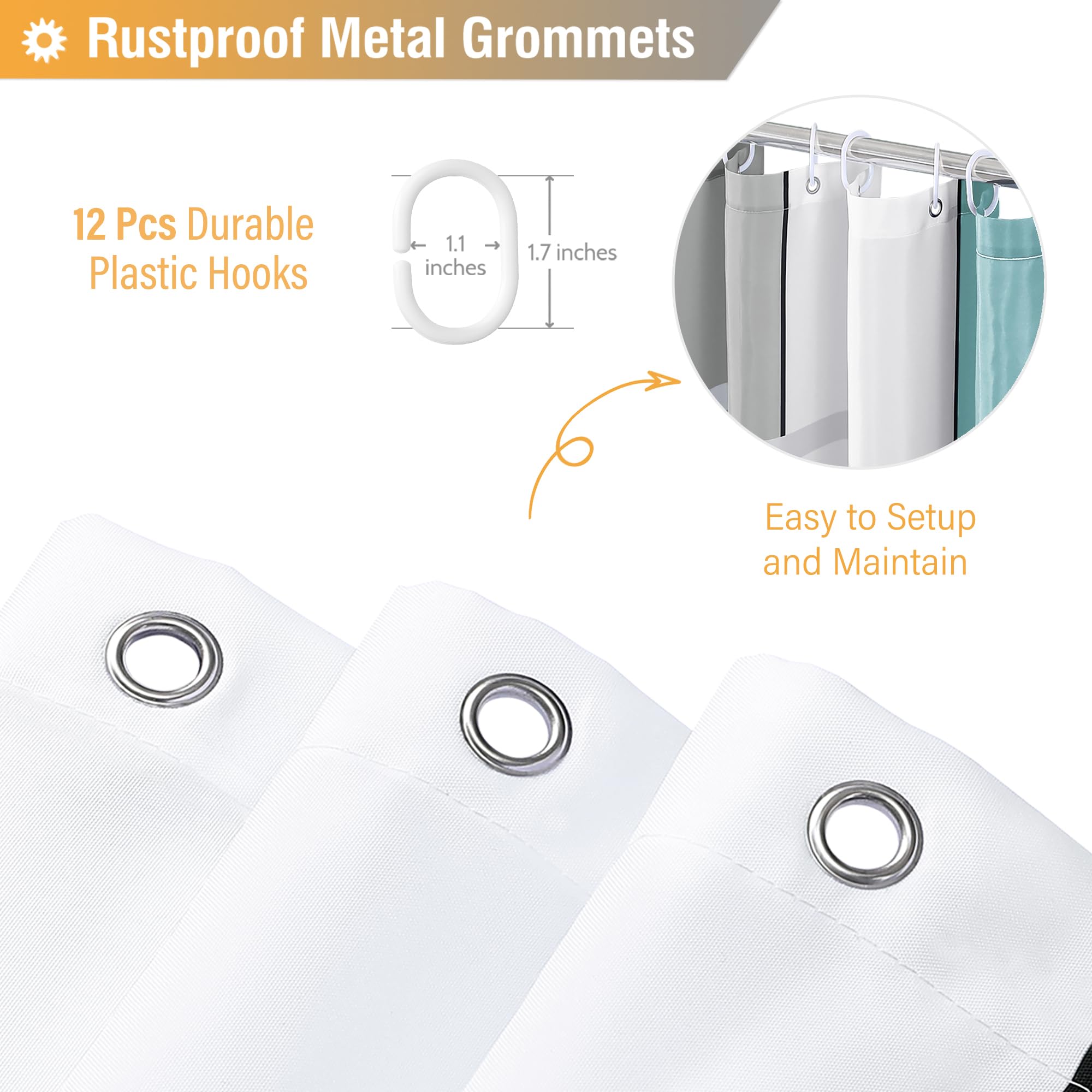 Bttn Teal Fabric Shower Curtain, Modern Geometric Neutral Cloth Shower Curtain Set With Hook, Weighted Hem, Water Repellent, Whi