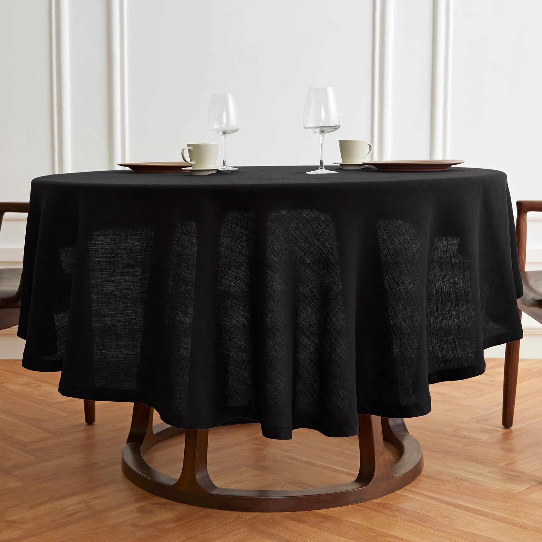 Solino Home Black Linen Round Tablecloth 70 Inch Diameter - Sonoma, 100% Pure Linen Prewashed Table Cloth - Machine Washable Tab