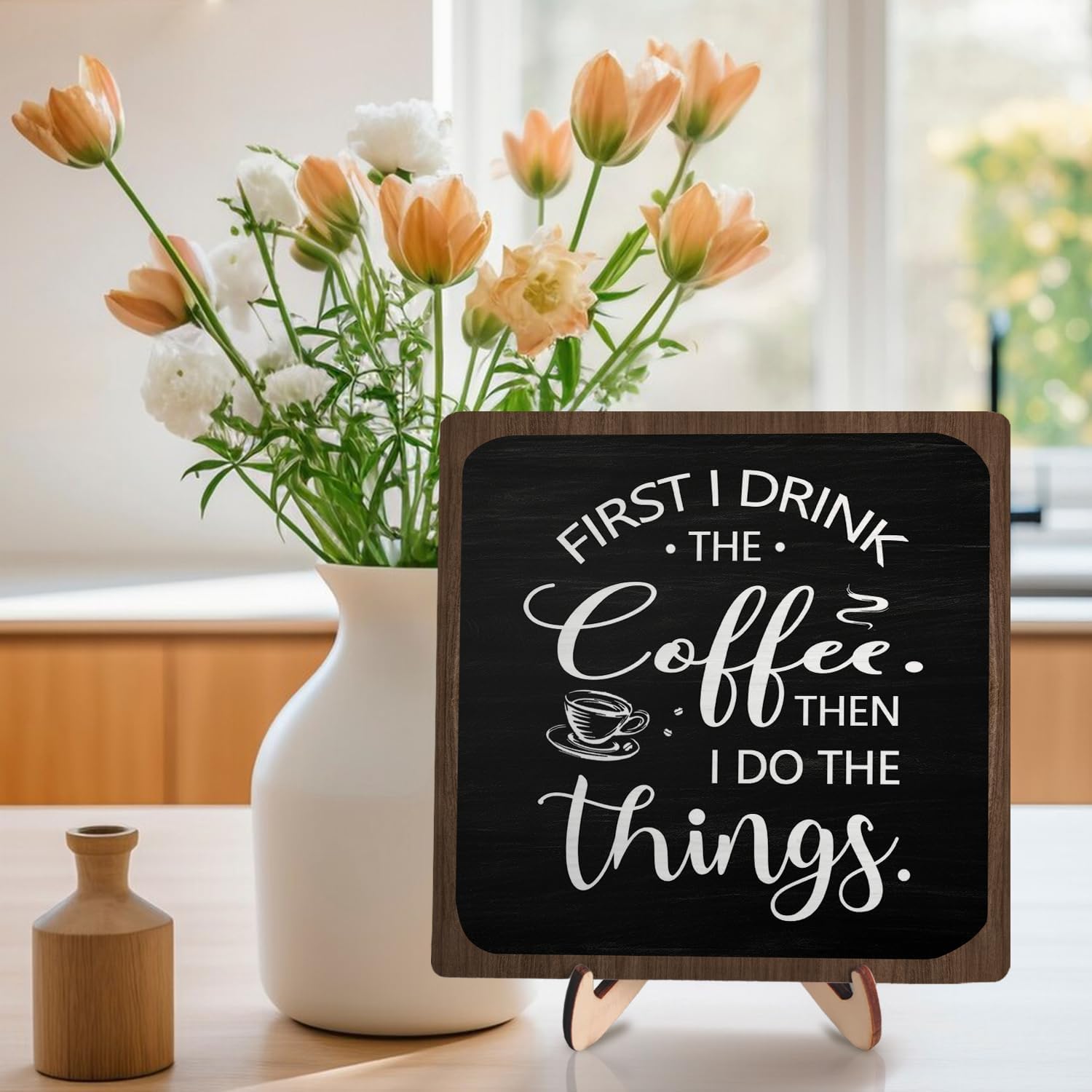 Rustic Wooden Plaque Coffee Sign - Farmhouse Coffee Bar Decor, Funny Desk Shelf Decor - 5.9 x 5.9Inch (Black + Brown)