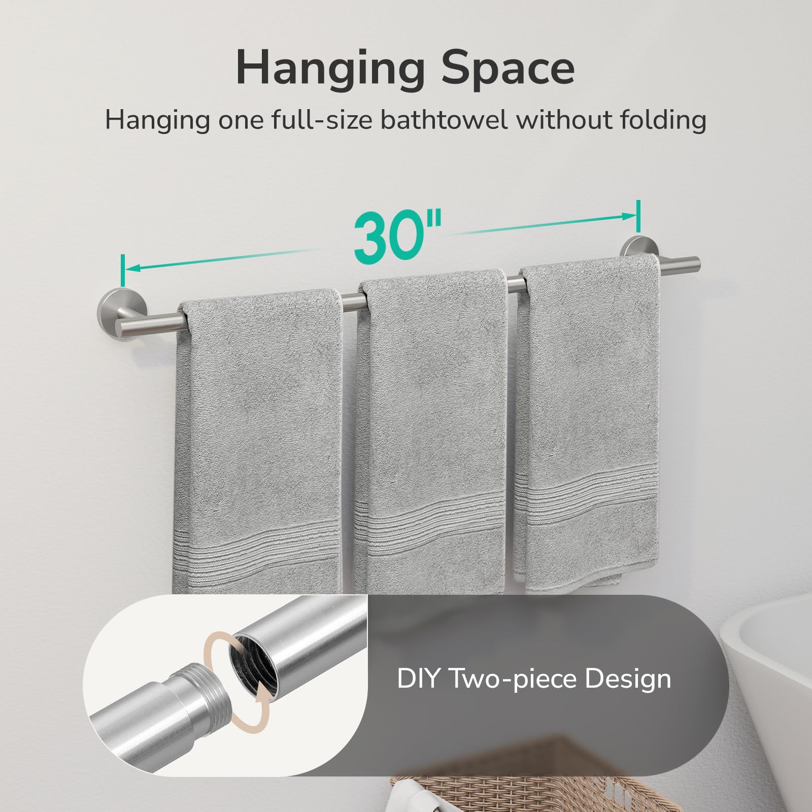 USHOWER Brushed Nickel Towel Bar  30-Inch Towel Rack for Bathroom Wall Mounted  Thicken SUS304 Stainless Steel Modern Home Decor Towel Rod (Total Length 32-Inch)