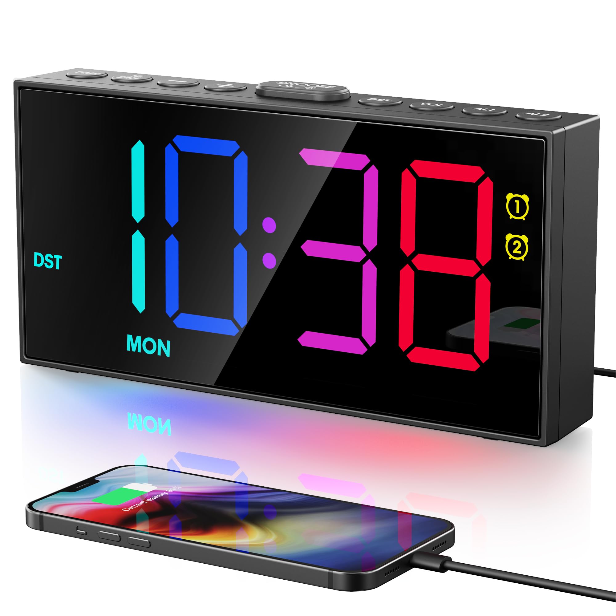 PPLEE RGB Digital Alarm Clock for Bedrooms with Day Display, Loud Dual Alarms for Heavy Sleepers, Plug-in Bedside Clock with USB