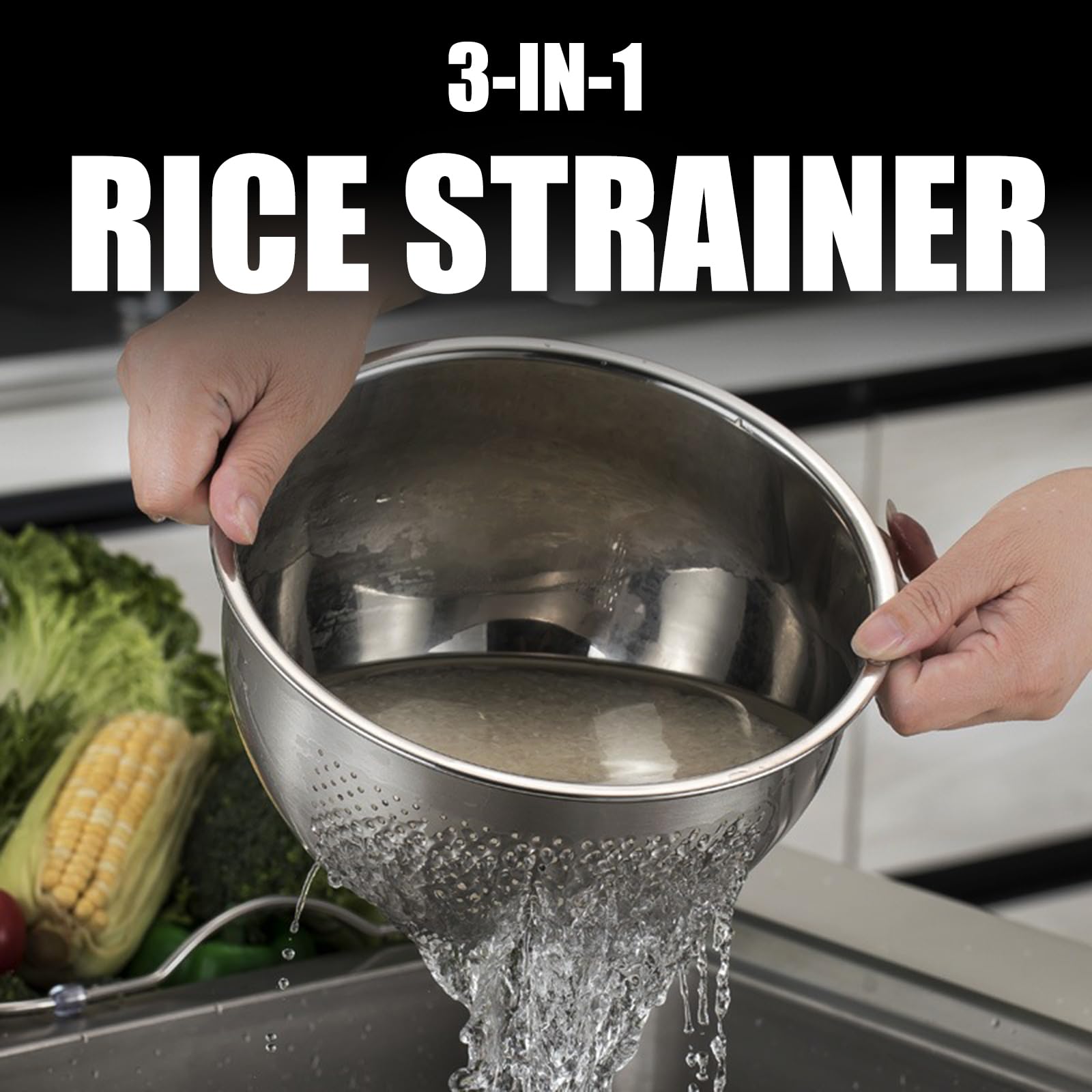 Rice Washer Strainer Bowl, Stainless Steel Quinoa Washing Bowl With Side Drainers Colander For Cleaning Rinsing Fruits, Vegetabl
