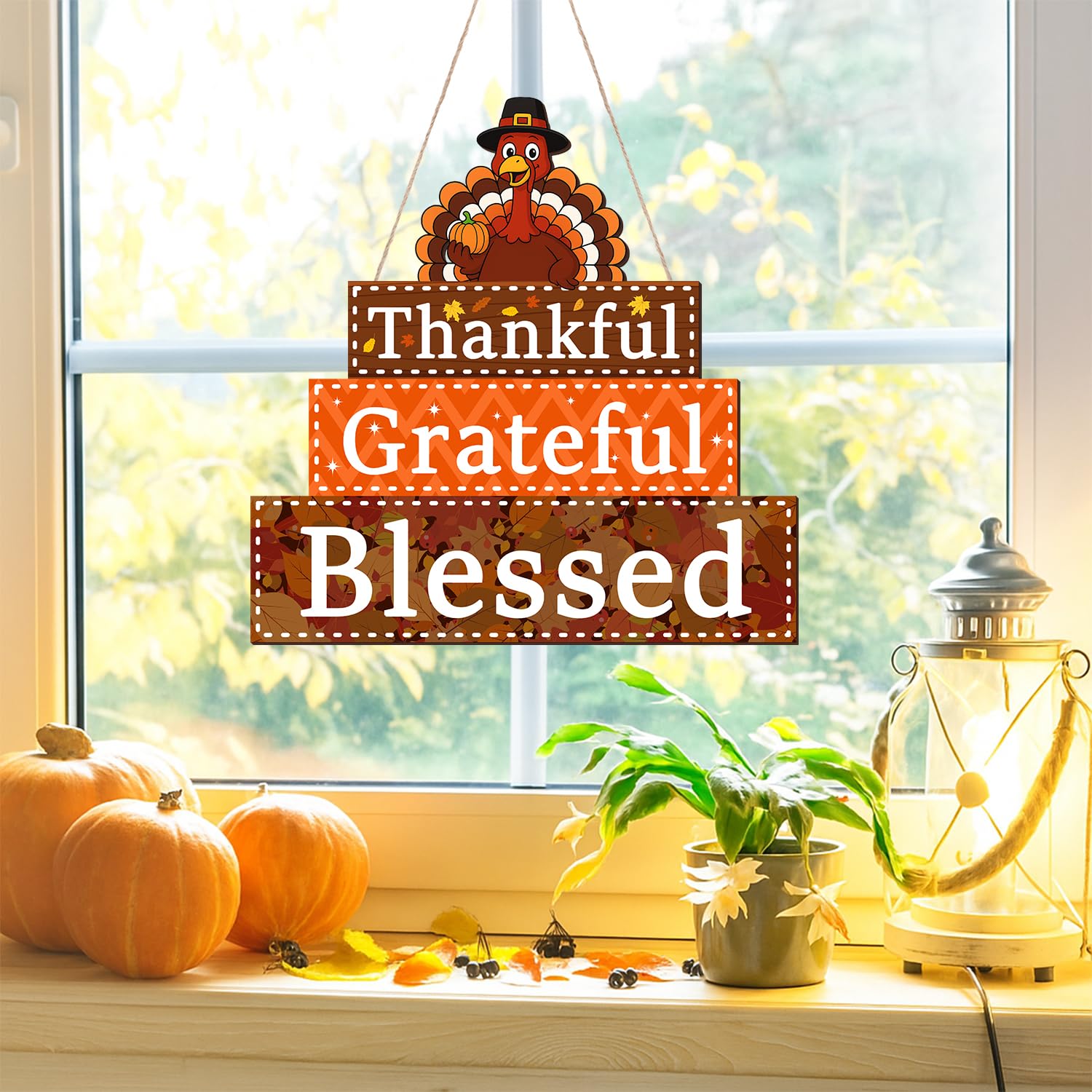 Thanksgiving Decorations Wooden Turkey Door Sign Thankful Grateful Blessed Sign Decor Hanging Wall Signs for Thanksgiving Harves