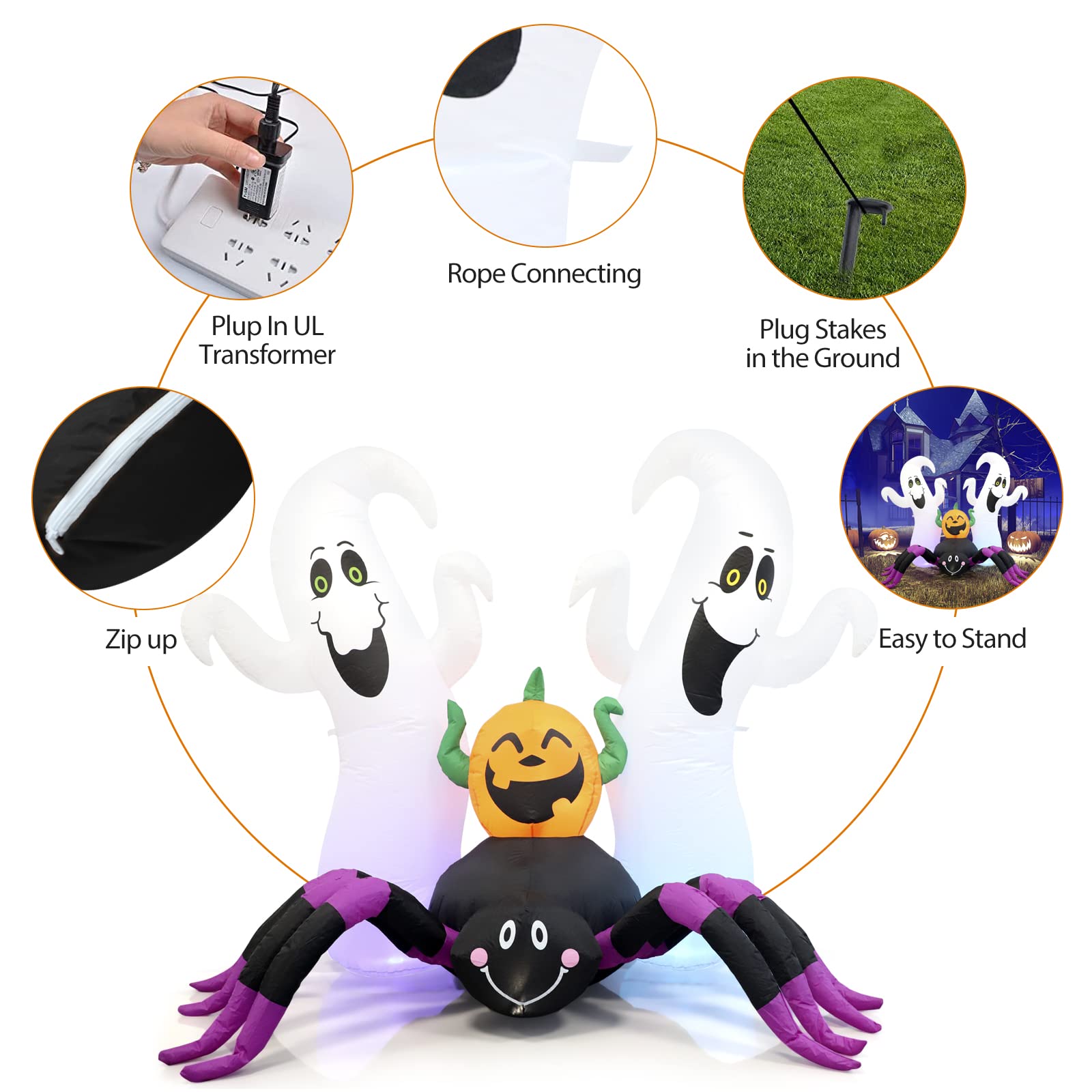 Halloween Inflatable, SHDEJTG 7Ft Pumpkin Ghost Spider Inflatable Decoration, Blow Up Yard Decoration Clearance with LED Lights