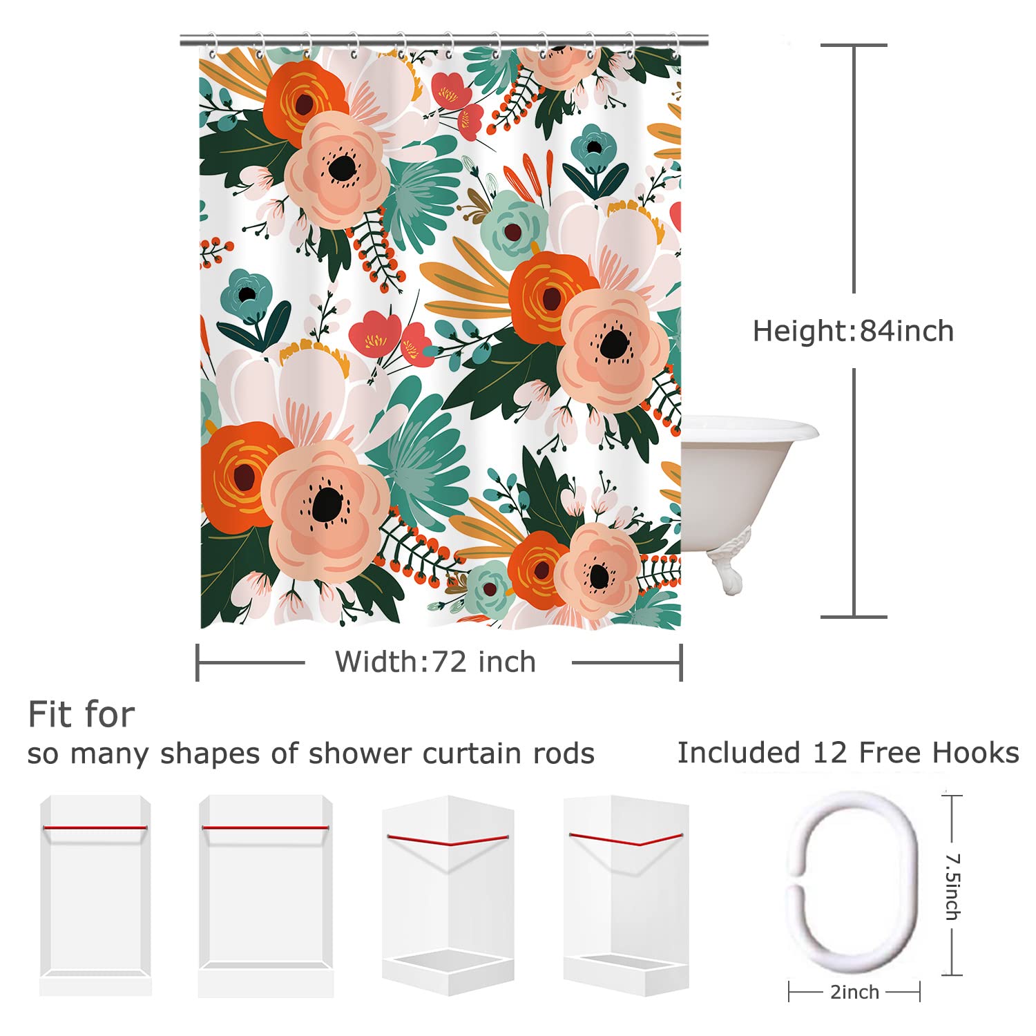 Livilan Floral Shower Curtain, Bohemian Flowers Shower Curtain Set, Colorful Red Pink Orange Blossom Poppy Shower Curtain With H