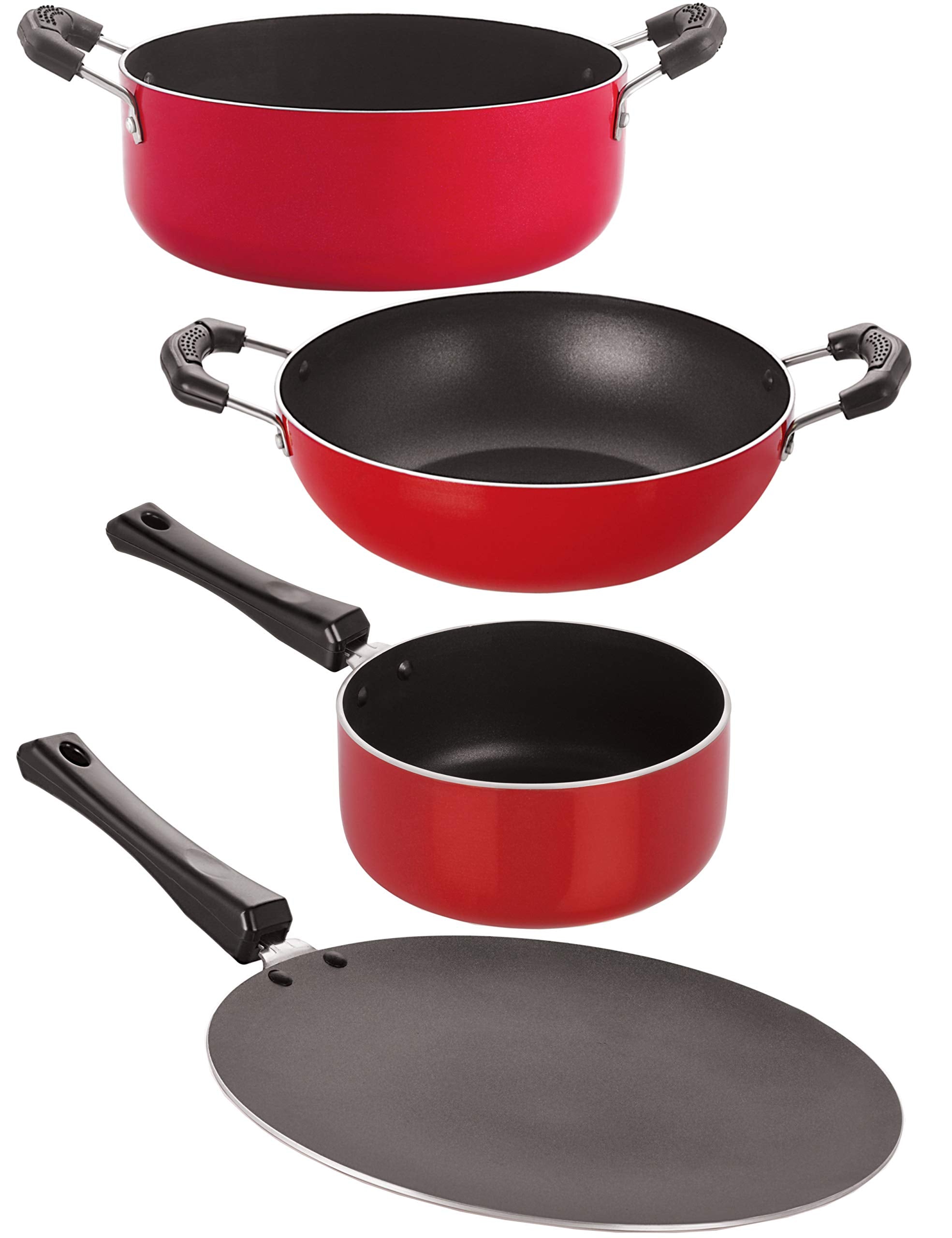 Nirlon Nonstick Aluminium Cookware Combo Casserole/Kadhai/Sauce Pan/Concave Roti Tawa  Set Of 4 (Red And Black)