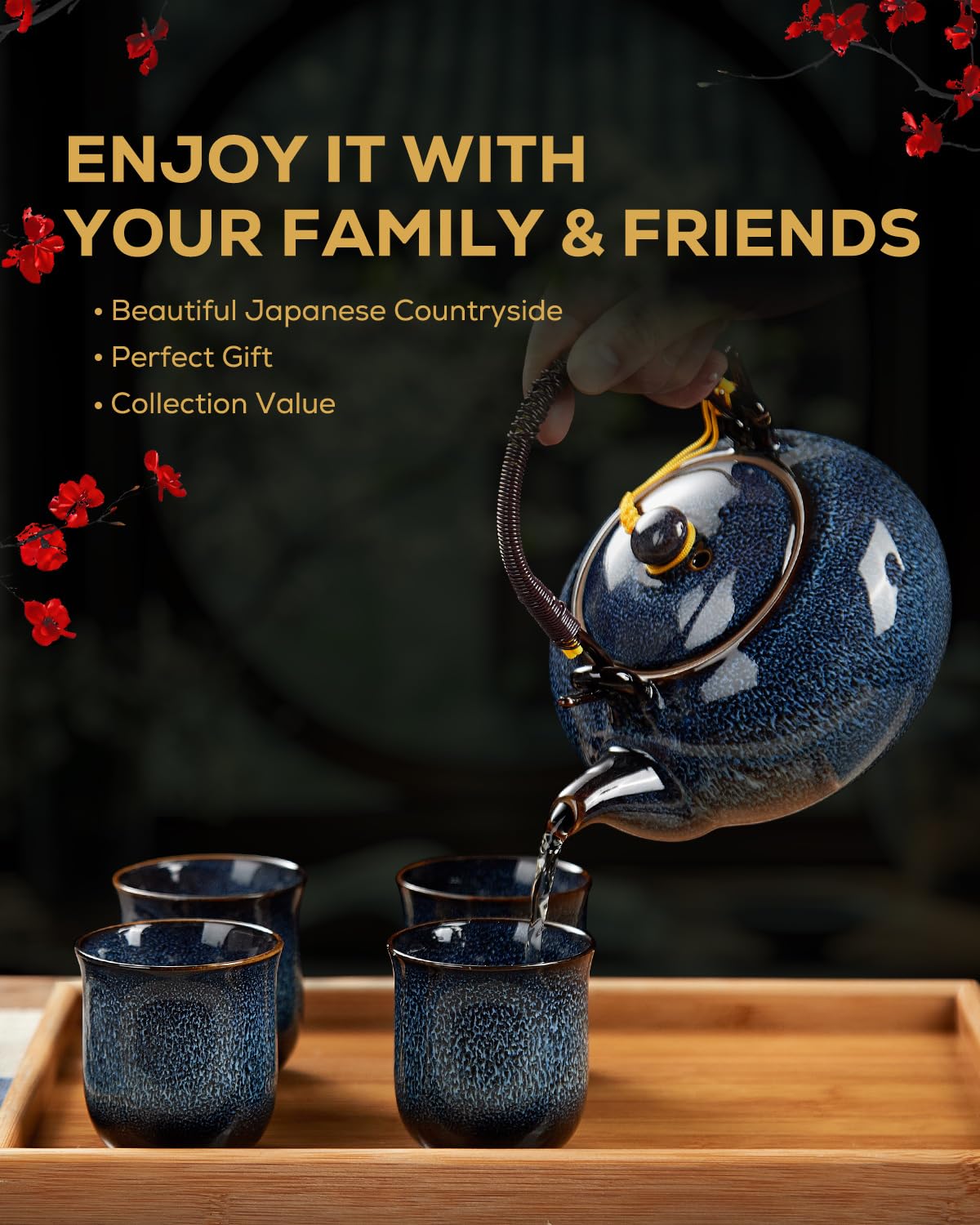 DUJUST Japanese Tea Set for 6  Kiln Altered Glaze Porcelain Tea Set with 1 Teapot  6 Tea Cups & 1 Tea Tray  Unique Chinese Tea Set for Adults/Tea Lovers/Women/Men  Blue