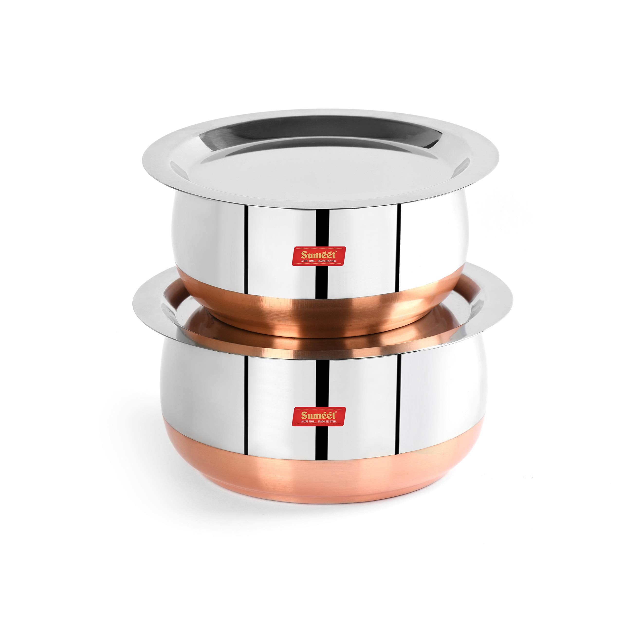 Sumeet Stainless Steel Copper Bottom Belly Shape 2 Pc Tope Cookware Pot Set with Lid 1.1 liter  1.4 liter (Silver)