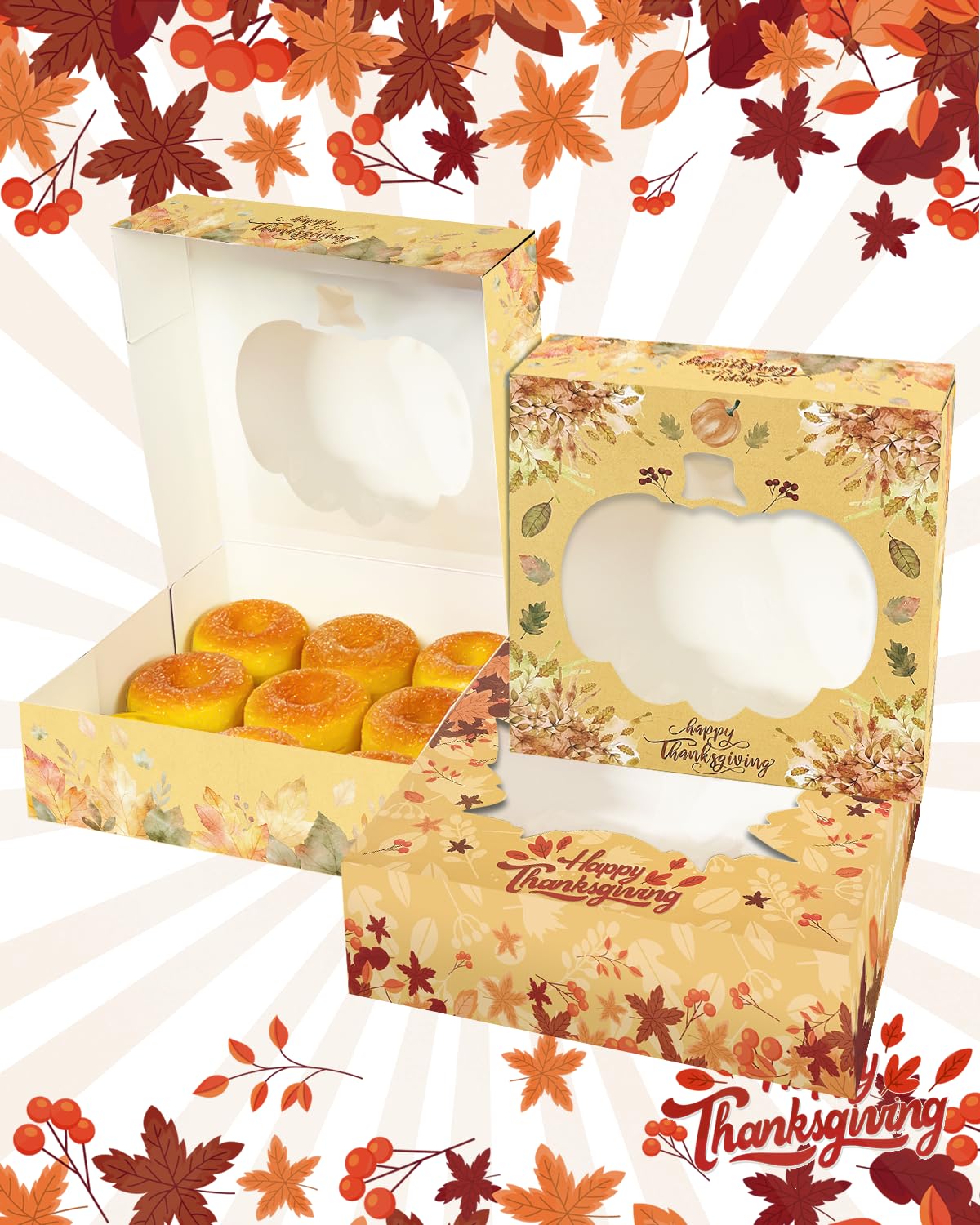 qiqee Thanksgiving Auto-pop Up 30pcs Pie Box With Window 9x9x2.5 Inch Donut Pastry Boxes Pumkin Leaves Bakery Box