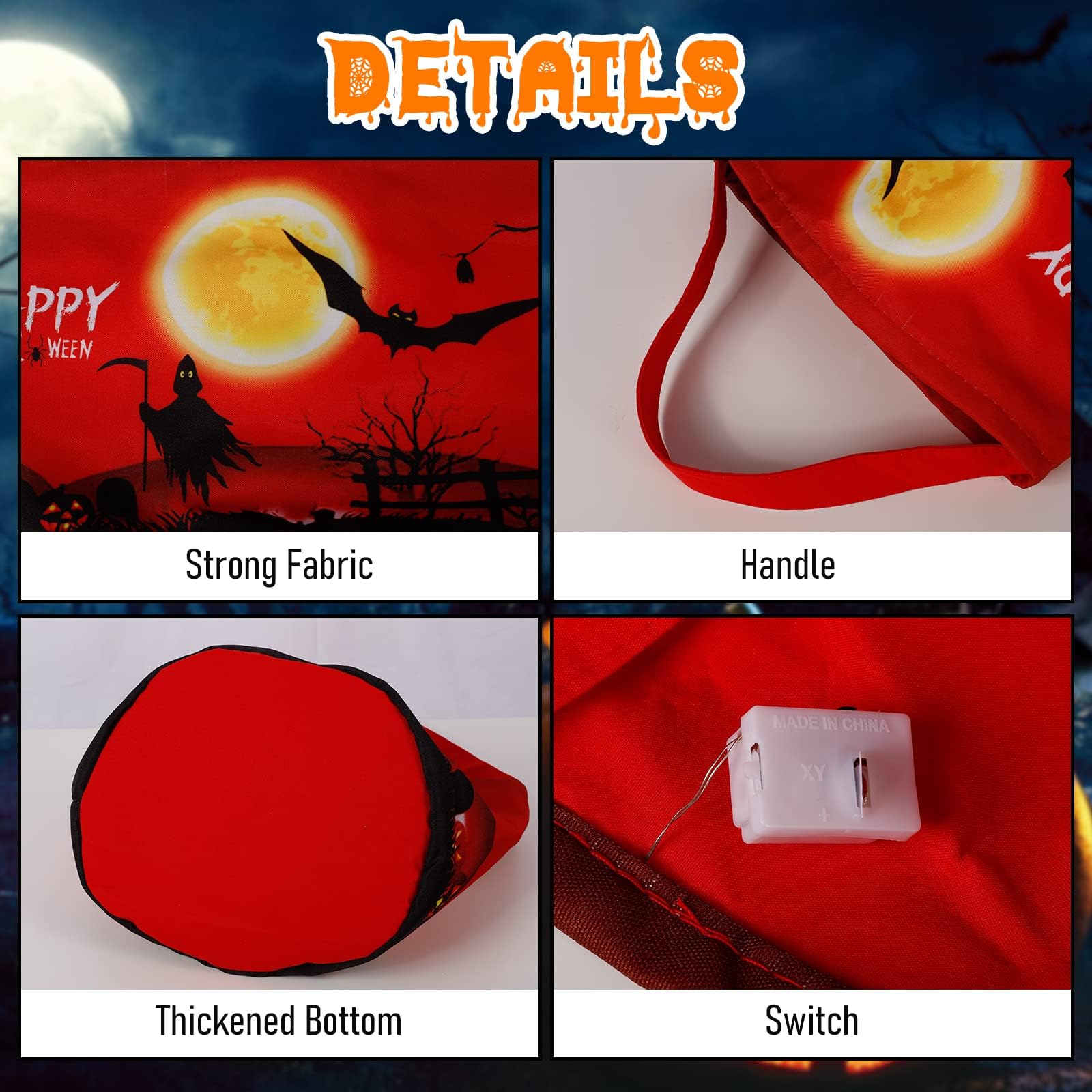 Halloween Trick or Treat Candy Bags LED Light Up Pumpkin Bucket, Collapsible Reusable Candy Basket, Fabric Gift Goody Bags for K
