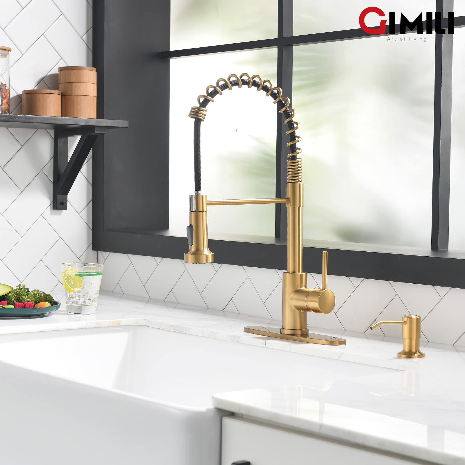 Gimili Brushed Gold Kitchen Faucet With Soap Dispenser, Commercial Single Handle Spring Pull Out Kitchen Sink Faucets With Pull