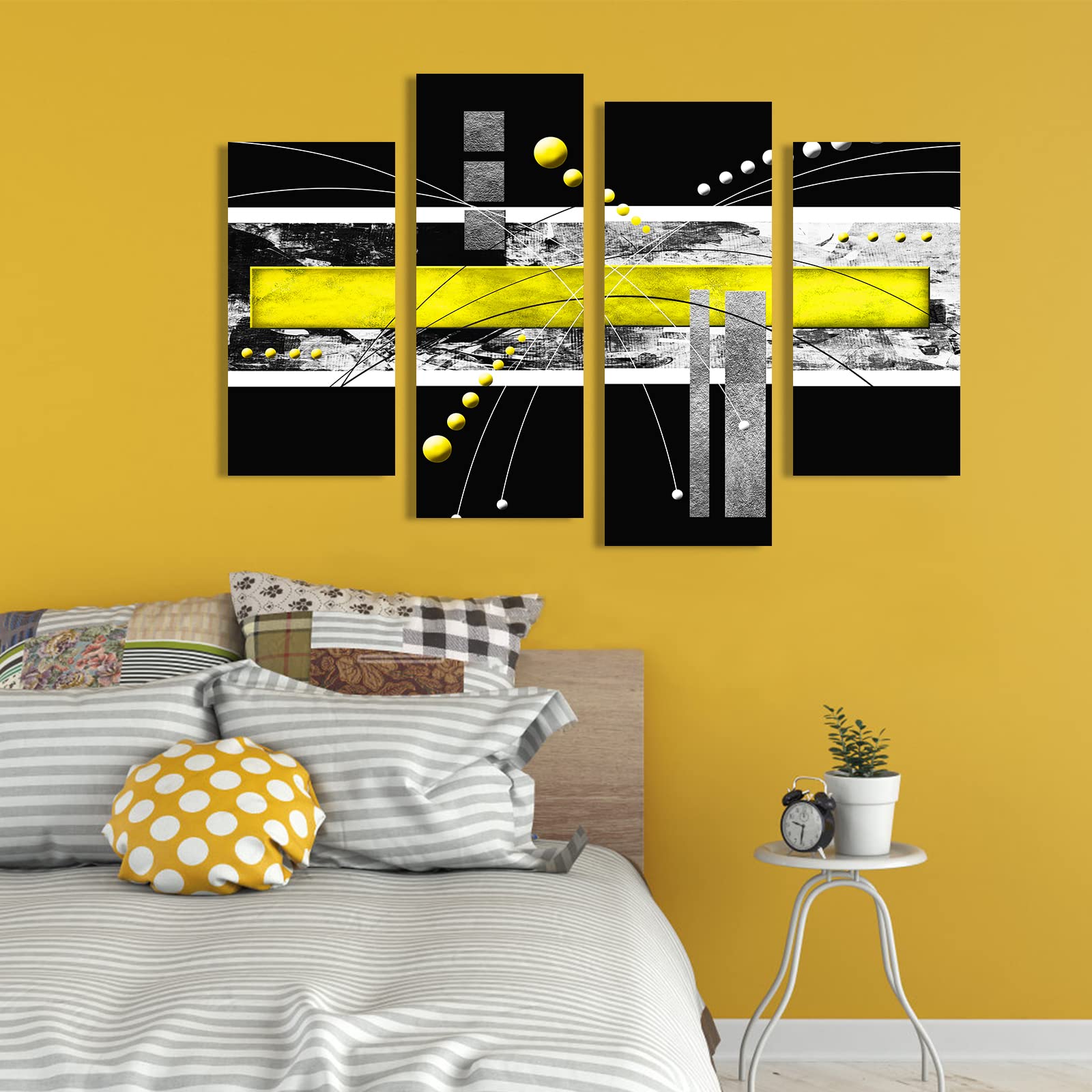 Large Black Yellow Canvas Wall Art - 4 Panels Modern Abstract Picture Set For Home Decoration - Contemporary Painting Artwork Re