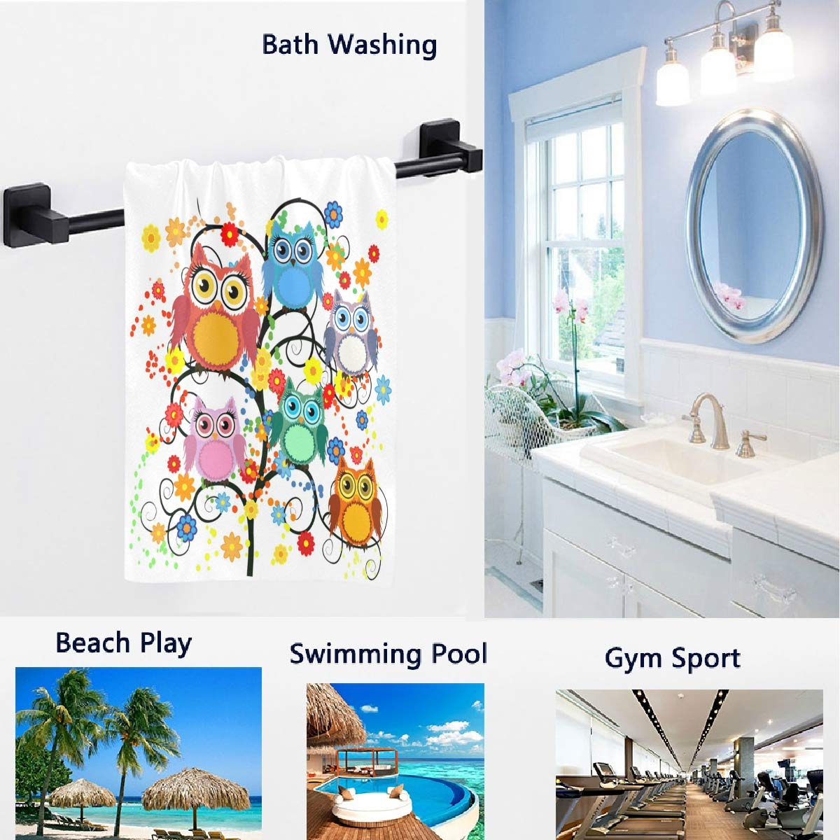 Naanle Cute Cartoon Owls Sit On Flowers Trees Branches Print Soft Absorbent Large Hand Towels Multipurpose For Bathroom, Hotel,