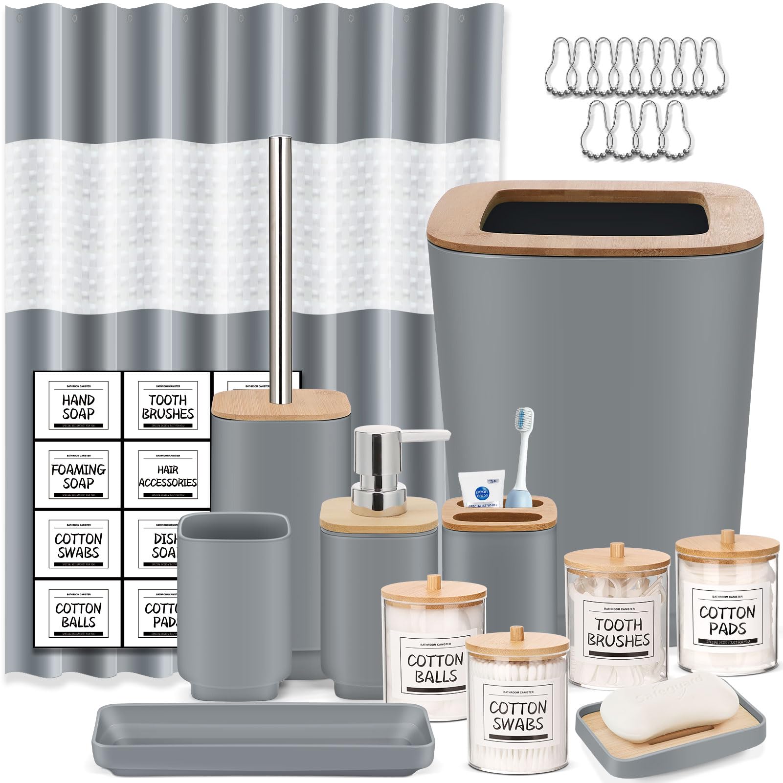 Imavo Grey Bathroom Set,24 Pcs Bathroom Accessories Set With Shower Curtain,Tray,Trash Can,Soap Dispenser,Soap Dish, Toothbrush