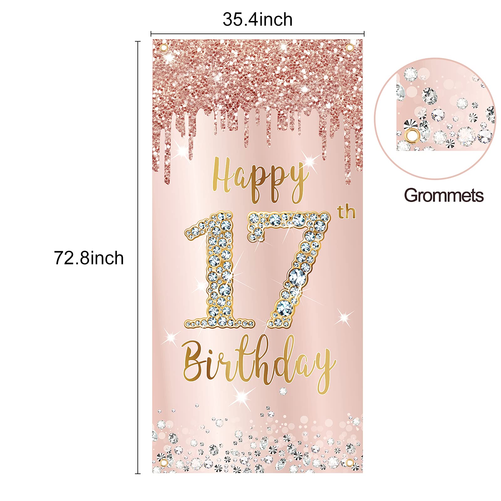 Happy 17Th Birthday Door Banner Decorations For Girls, Pink Rose Gold 17 Birthday Door Cover Backdrop Party Supplies, Large Seve
