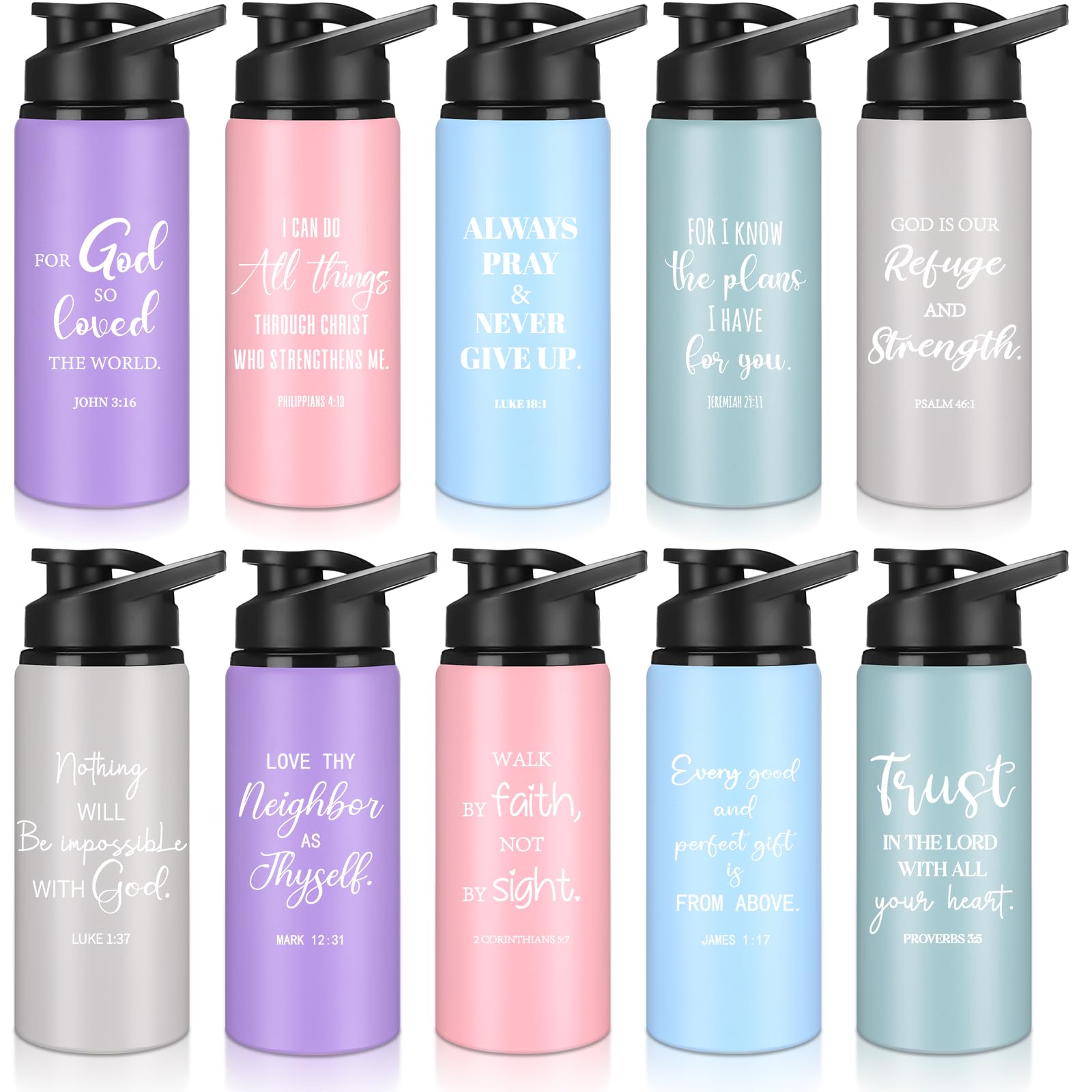 Skybooly 10 Pcs Christian Religious Aluminum Water Bottles Bulk 20oz Fathers Day Bible Verse Leakproof Reusable Sport Bottle Gi